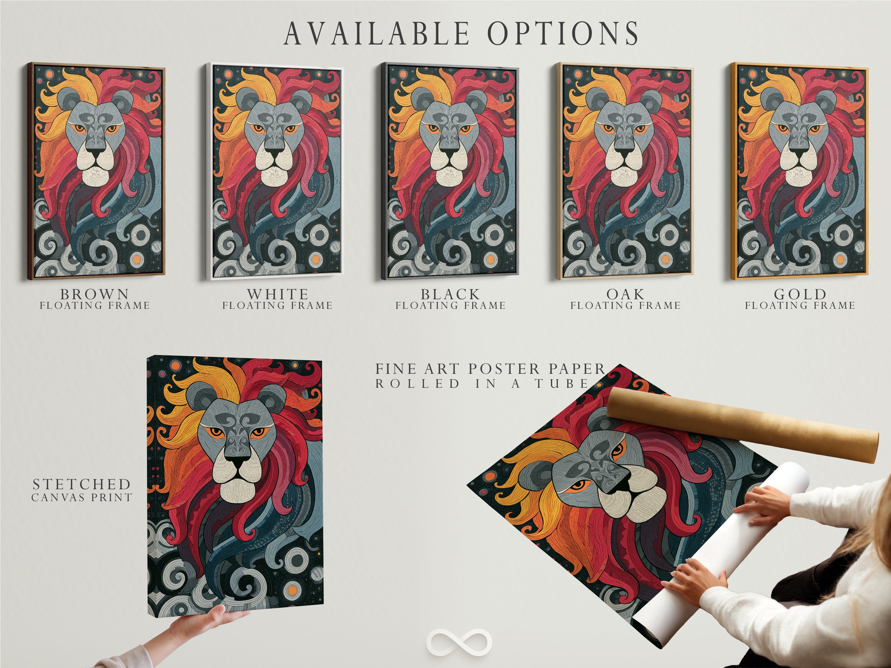 Available options are displayed. Stretched canvas print fine art poster paper and floating frame are shown. Choose the perfect format for your artwork. These options cater to various preferences. Customize your artwork display.