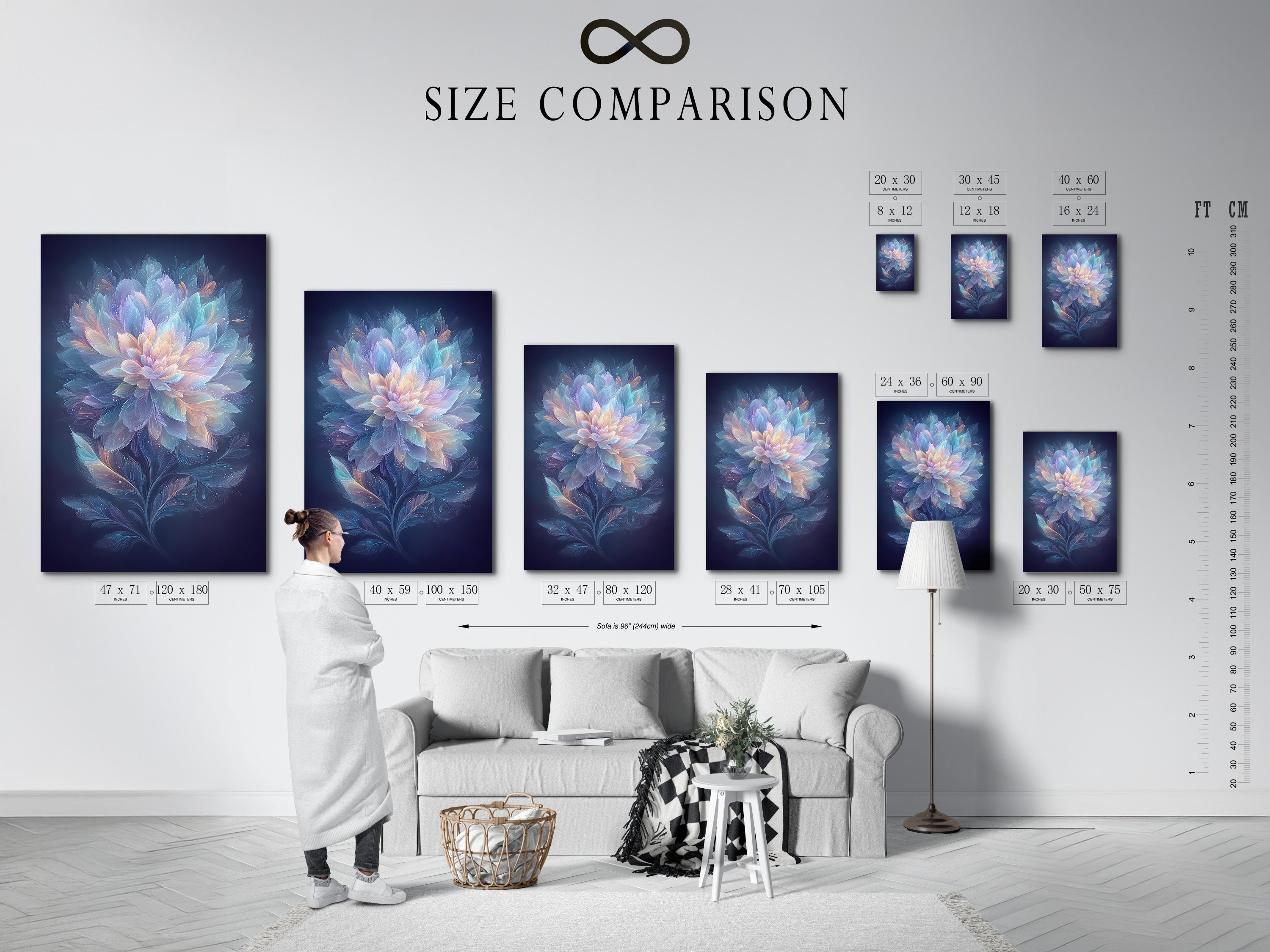Size comparison chart in a styled interior setting. See how ethereal flower artwork fits in your space. The pastel blue and pink tones enhance any room. Discover dreamy botanical art for your home or office.