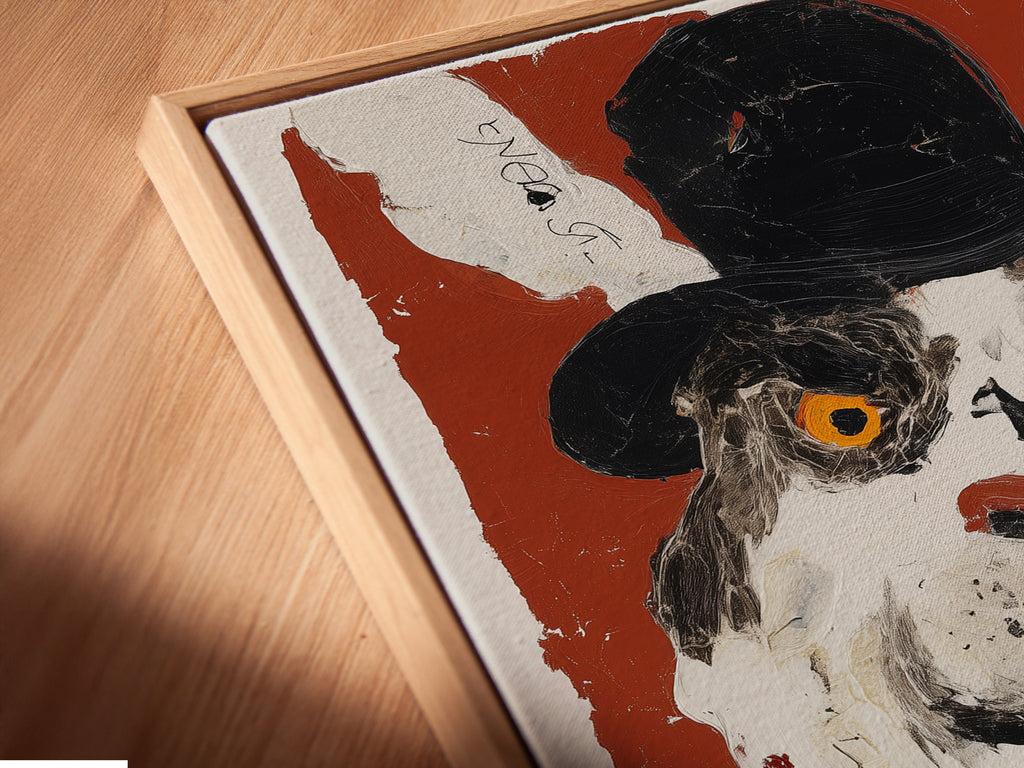 A close-up angled view shows a canvas print in a floating frame. This vintage cat portrait canvas has surreal animal art. A whimsical gentleman cat is featured. The artwork adds charm to any office or home.