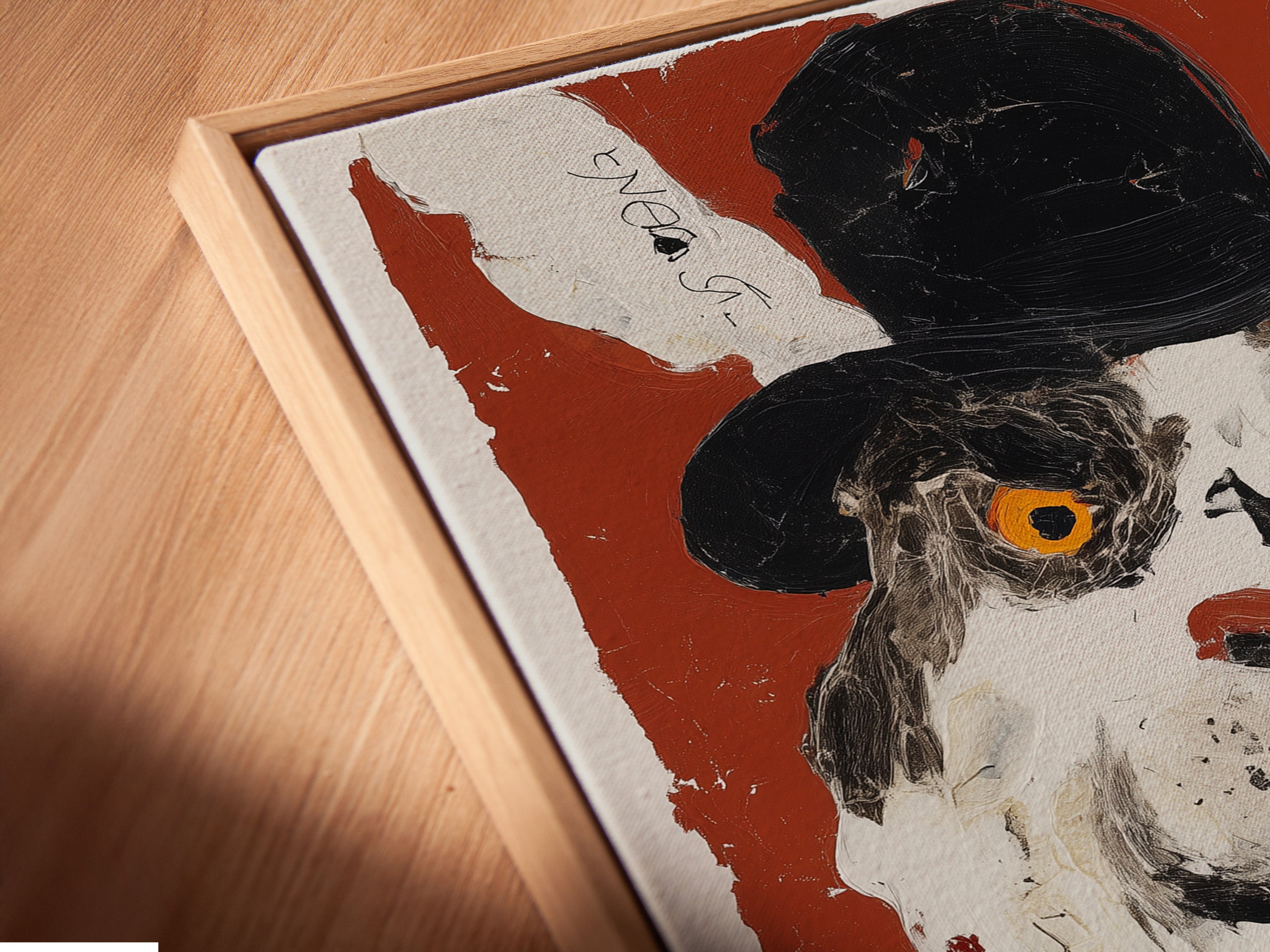 A close-up angled view shows a canvas print in a floating frame. This vintage cat portrait canvas has surreal animal art. A whimsical gentleman cat is featured. The artwork adds charm to any office or home.