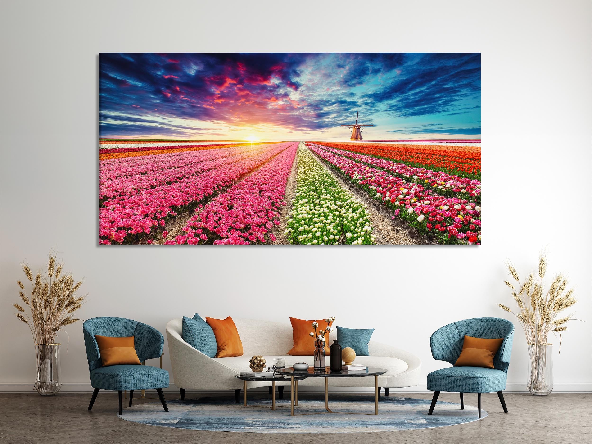 Tulip Field Sunset Canvas Print – Vibrant Flower Landscape Wall Art, Dutch Windmill Scenery, Colorful Floral Decor for Living Room
