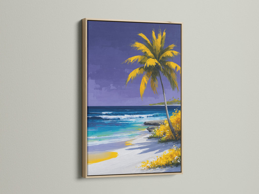 Tropical beach artwork in an oak frame graces a white wall. This coastal paradise artwork features a palm tree ocean scene. Add a touch of tropical beauty to your living space with this beach wall decor.