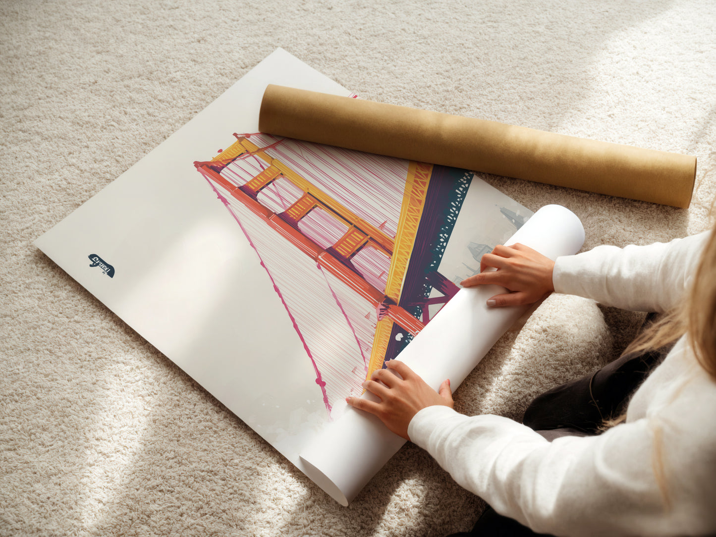 A woman carefully rolls a fine art poster paper for shipping. This high-quality paper ensures your San Francisco art arrives in pristine condition. We take great care in packaging your City Landmark artwork. 