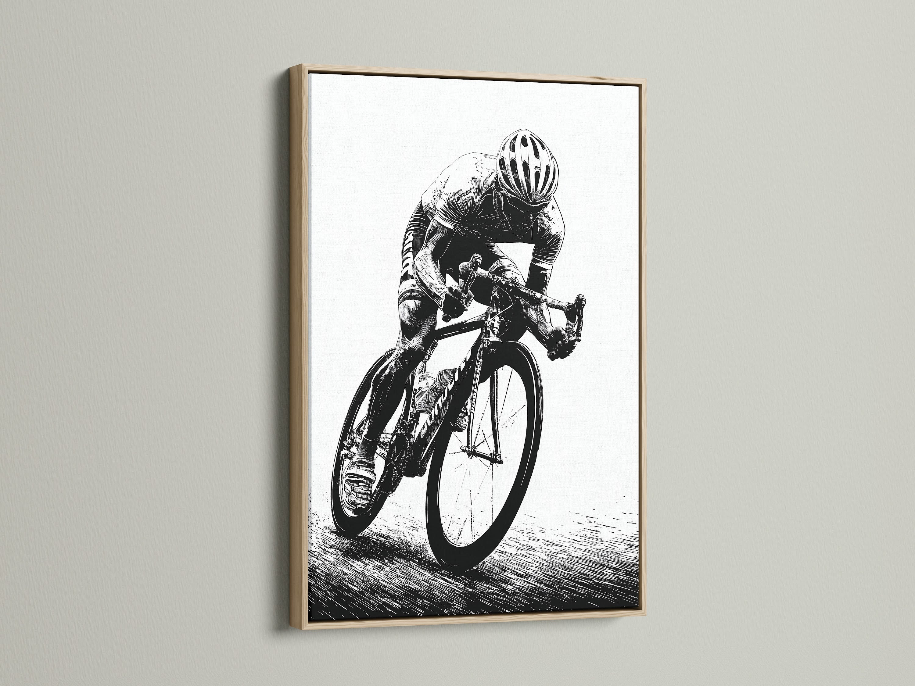 A cycling art print is displayed in an oak frame. This black and white sports canvas print is perfect for home gym and office decor. Cyclist artwork adds an athletic touch to any room. A vintage cycling art piece.