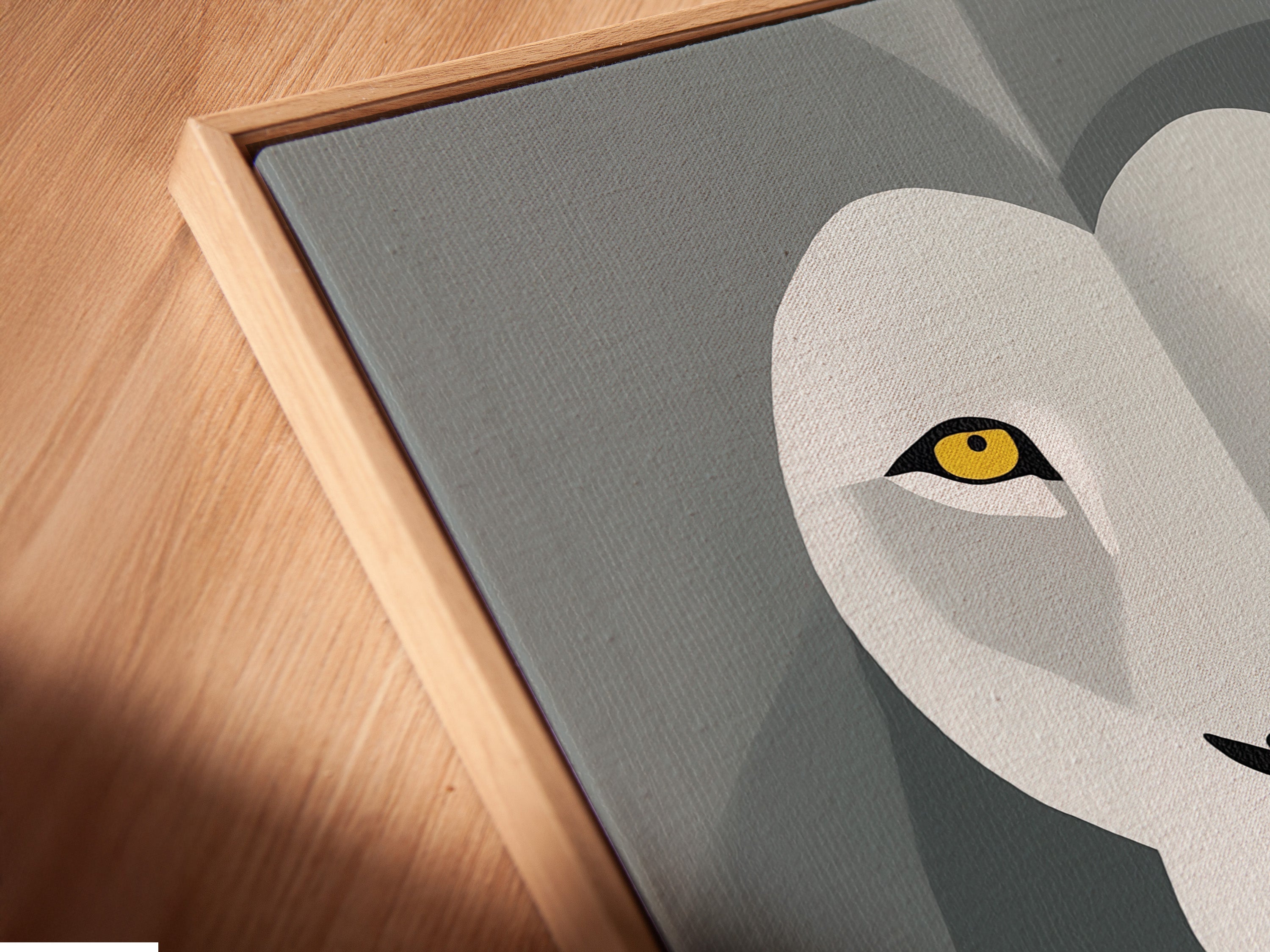 Angled close up shows a canvas print in a floating frame. This floating frame gives the artwork a modern gallery look. The canvas print appears to float within the frame. It creates a sophisticated and artistic display. Perfect for contemporary homes.