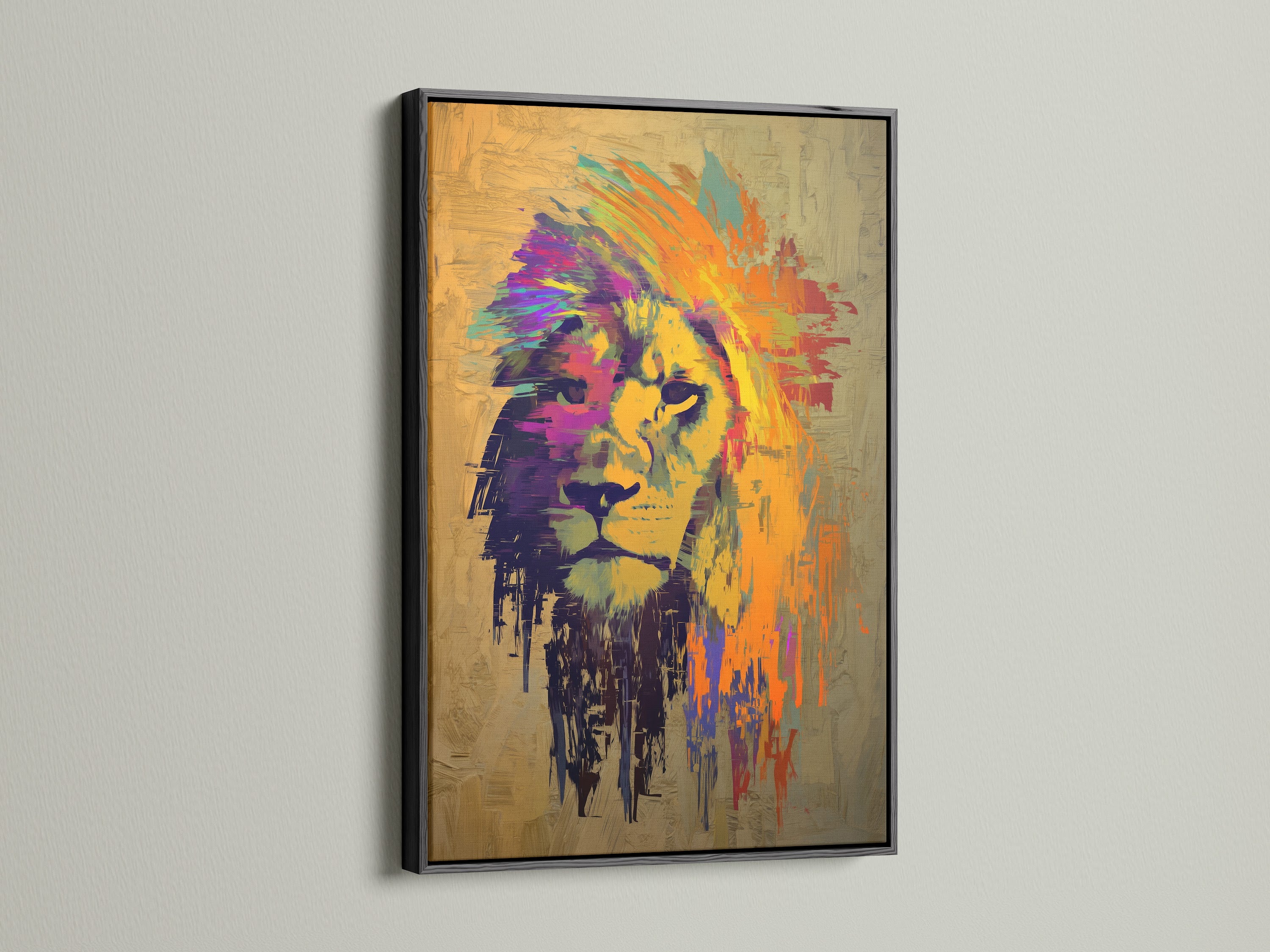 A bold lion artwork is displayed in a black frame. The black frame adds a touch of sophistication. It creates a focal point in any room. Elevate your interior with our stunning framed artworks. Find the perfect framed artwork to match your style.