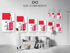 Size comparison chart displaying the Justice Scales artwork in an interior setting. See how this piece fits in different spaces. The artwork's red and pink tones complement various decor styles. It enhances any room