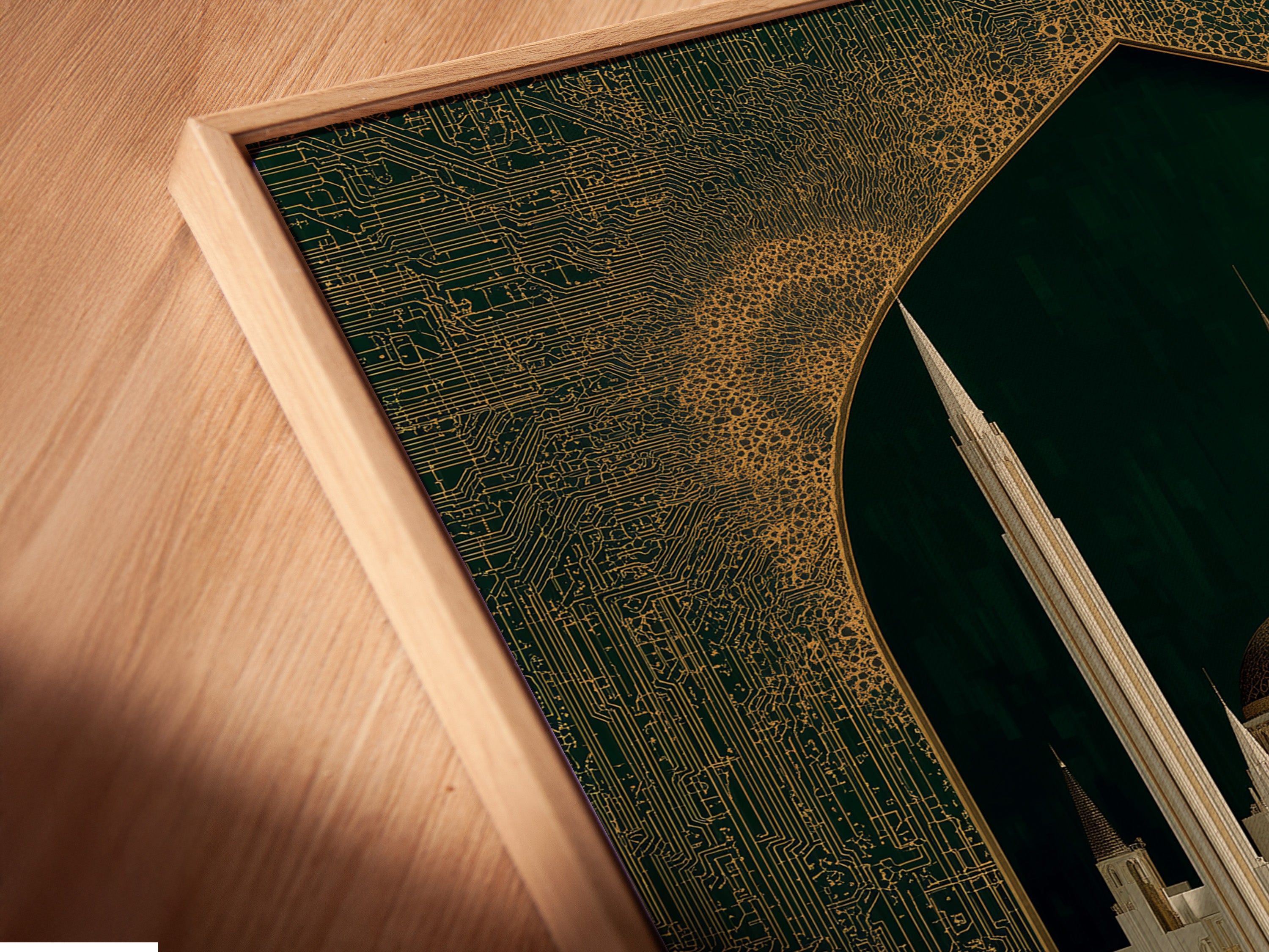 A close-up angle reveals the intricate details of a canvas print in a floating frame. The Islamic Architecture Artwork showcases emerald green and gold tones. The floating frame enhances the artwork's contemporary appeal. Elevate your space with this elegant and modern piece of islamic art.