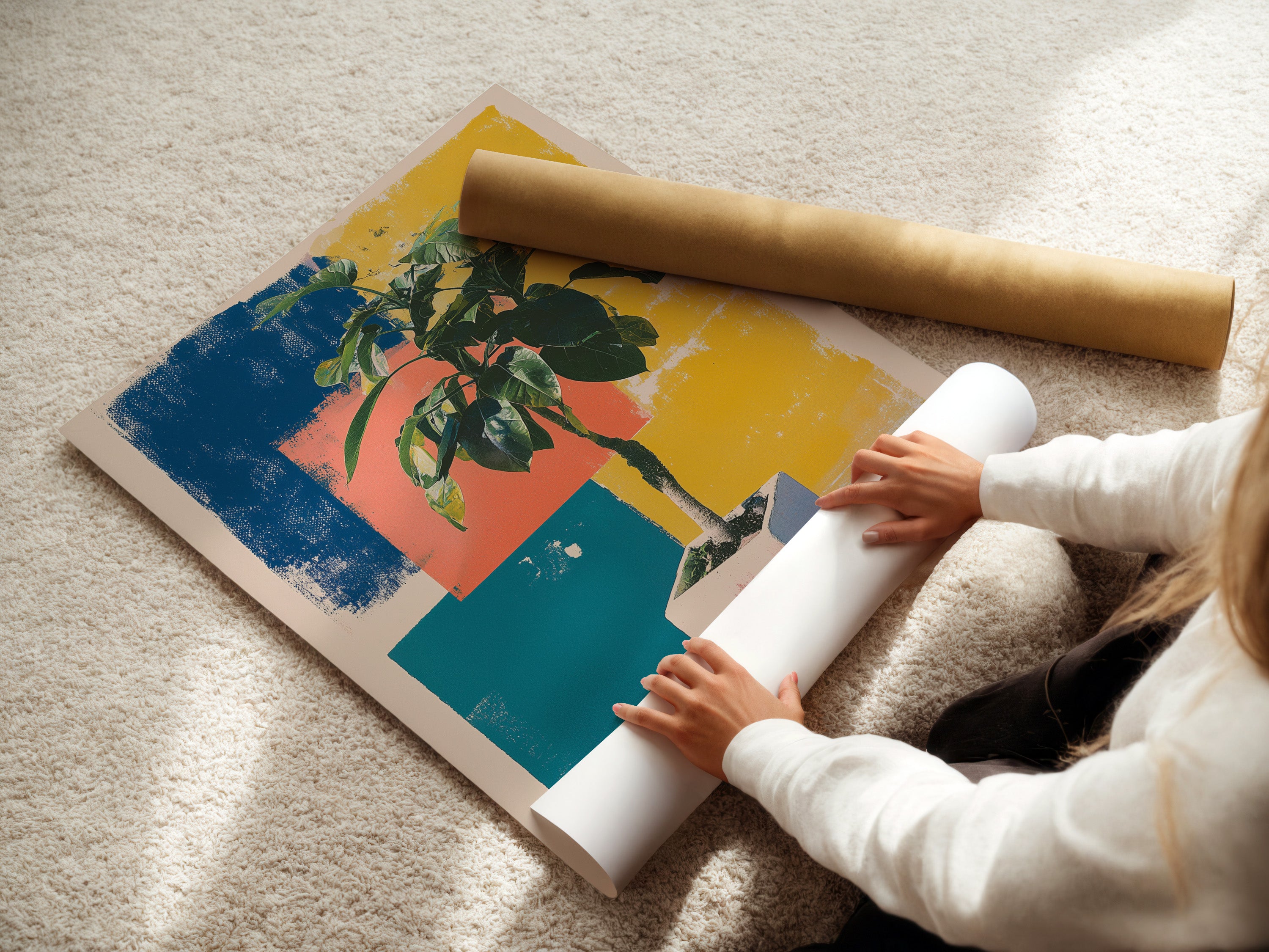 A woman is carefully rolling a fine art poster paper. She is preparing it for shipping or framing. The fine art poster paper is of high quality. It ensures vibrant colors and sharp details. Order your art prints on fine art poster paper.