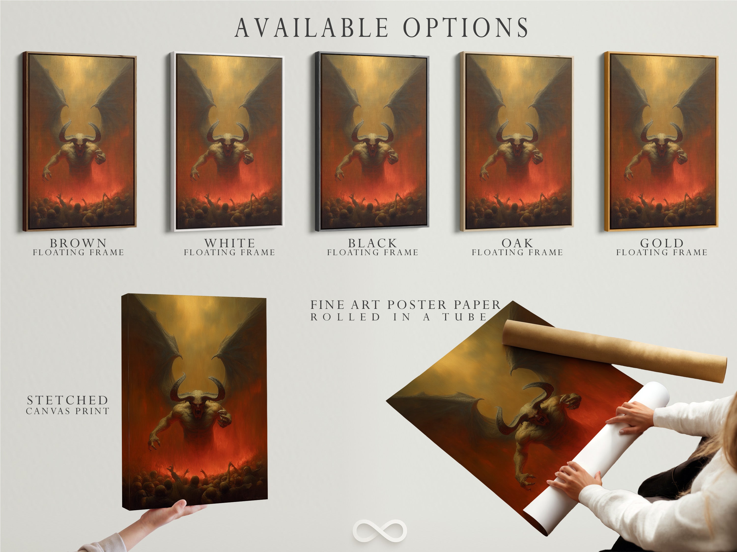 Available options are displayed. Choose between a stretched canvas print fine art poster paper or a floating frame. Customize your artwork to match your style. Discover our versatile art options. Create a personalized gallery wall today.