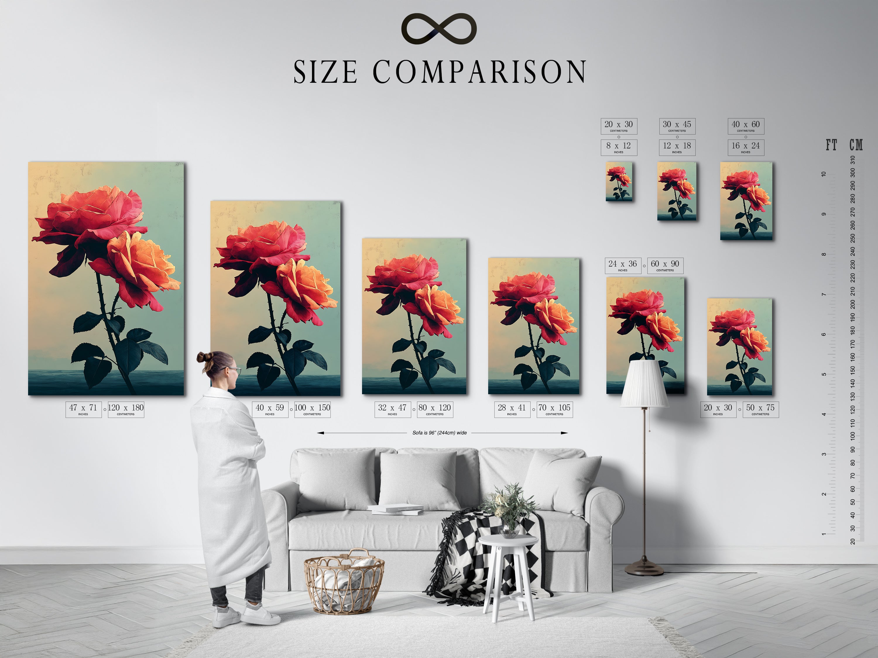 A size comparison chart is shown in an interior setting. The chart displays various options for rose artwork and floral canvas prints. Find the perfect size for your botanical flower poster or vintage wall art. Ideal for planning bedroom decor or enhancing living spaces. Perfect for flower enthusiasts.