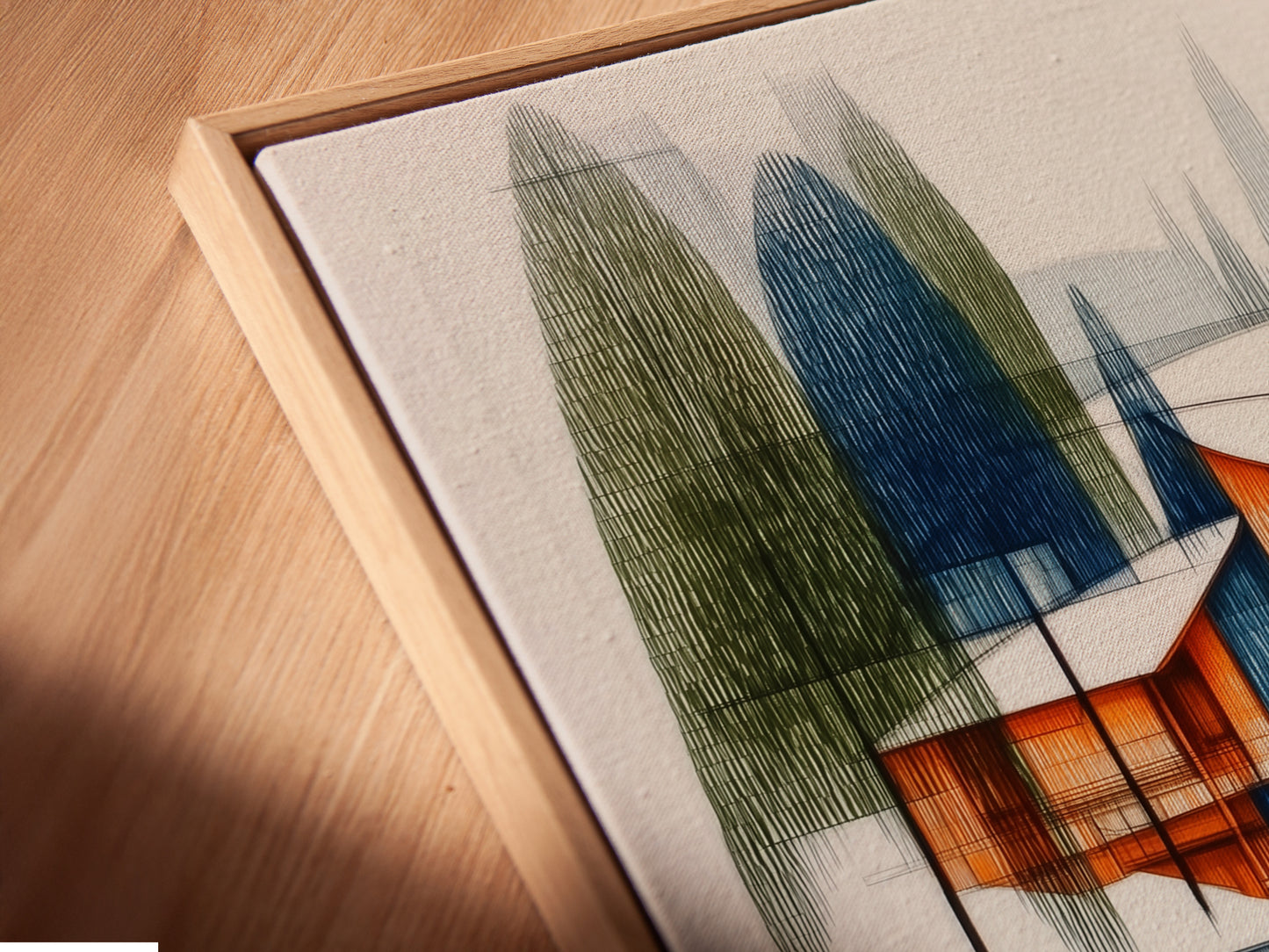 This is a close-up of a canvas print in a floating frame. See the texture and detail of the architectural lake house art. The floating frame adds depth and sophistication. This piece is a great addition to any modern space.