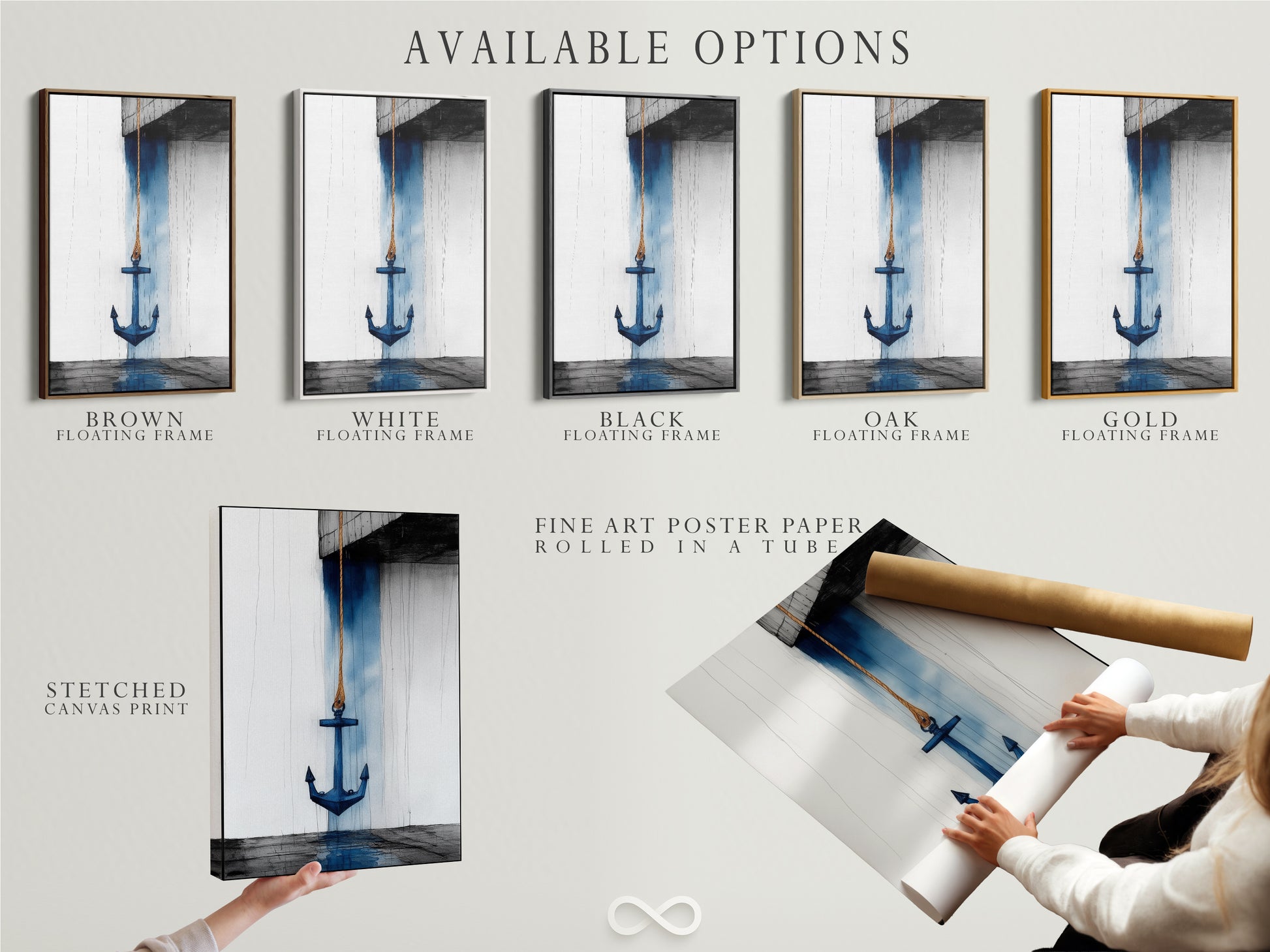 Available options for anchor nautical artwork. Choose from stretched canvas print fine art poster paper or floating frame. The navy blue ocean theme suits minimalist Scandinavian and nautical styles. Ideal for bathroom living room bedroom or home offices. Customize your coastal painting today.
