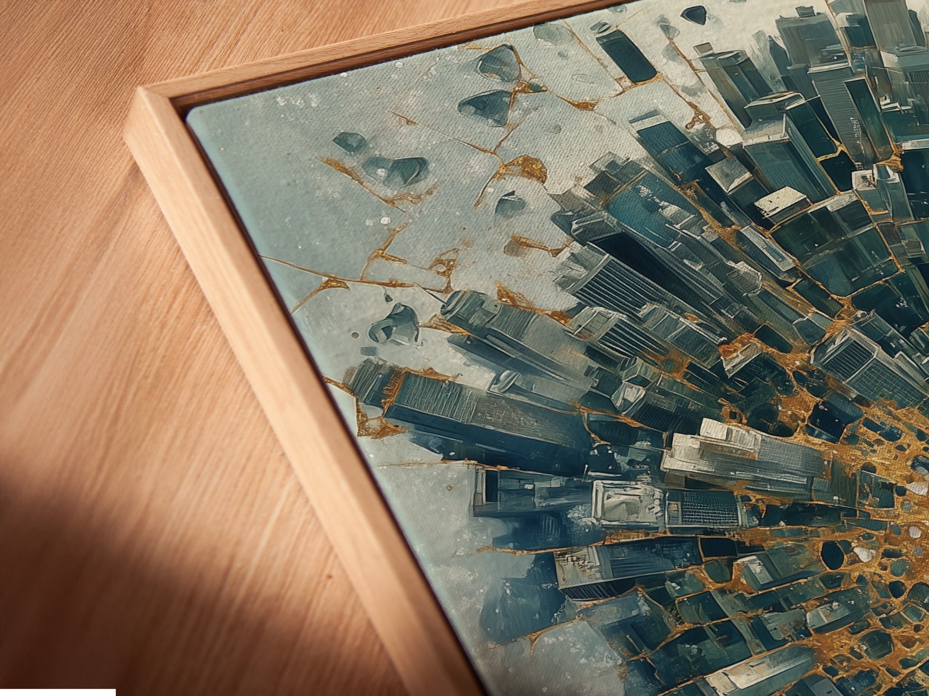 Angled close-up of a canvas print in a floating frame. This abstract cityscape artwork features an urban skyline. The modern blue and gold print adds sophistication. The floating frame enhances the contemporary appeal. Perfect for modern wall art.