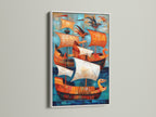 Vintage Ships Canvas Artwork with a White Frame. Nautical wall artwork featuring ships in teal and orange. Ideal for coastal modern or eclectic interiors. Enhance your living room bedroom or office with this print. Explore framed art.
