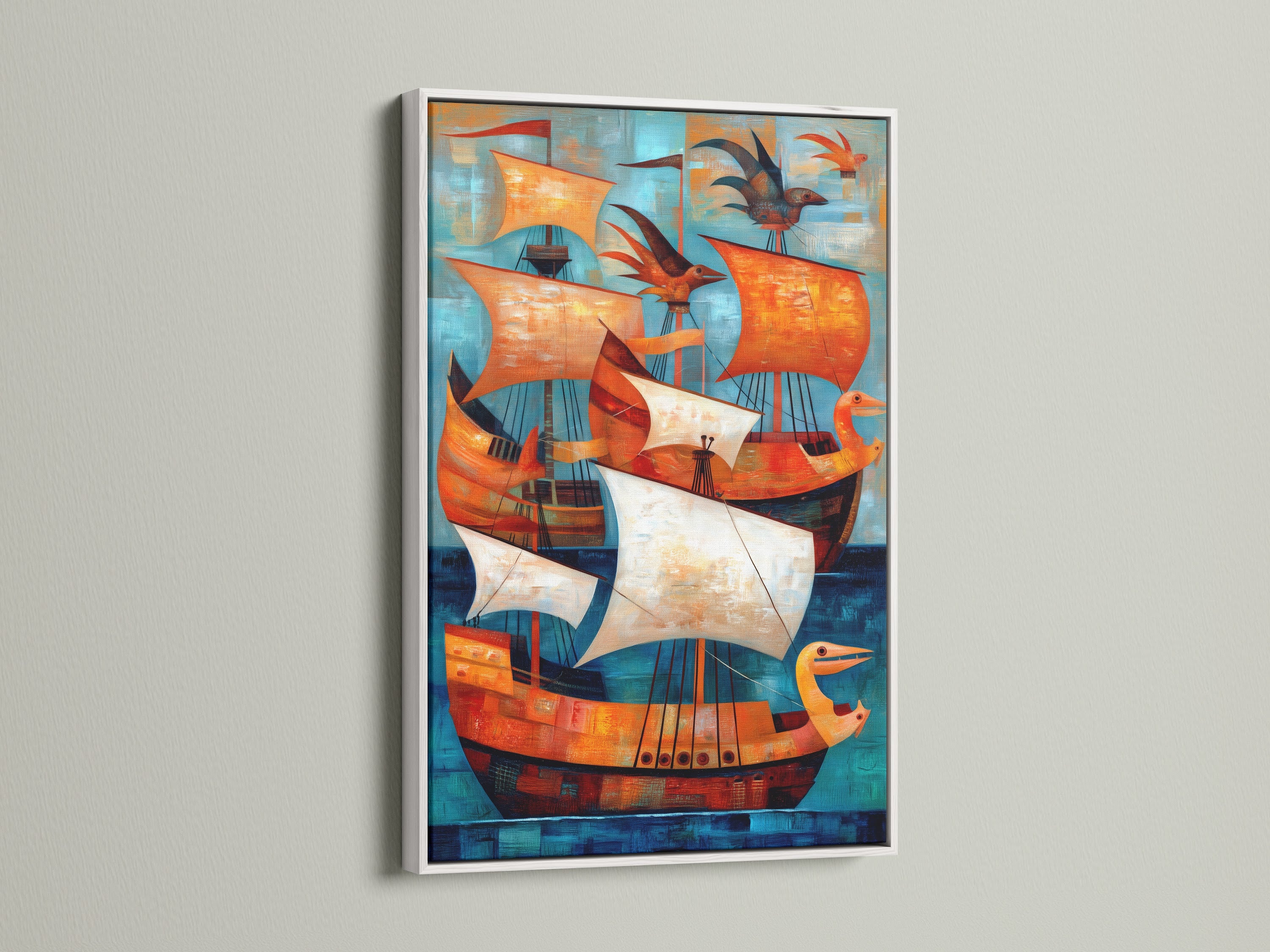 Vintage Ships Canvas Artwork with a White Frame. Nautical wall artwork featuring ships in teal and orange. Ideal for coastal modern or eclectic interiors. Enhance your living room bedroom or office with this print. Explore framed art.