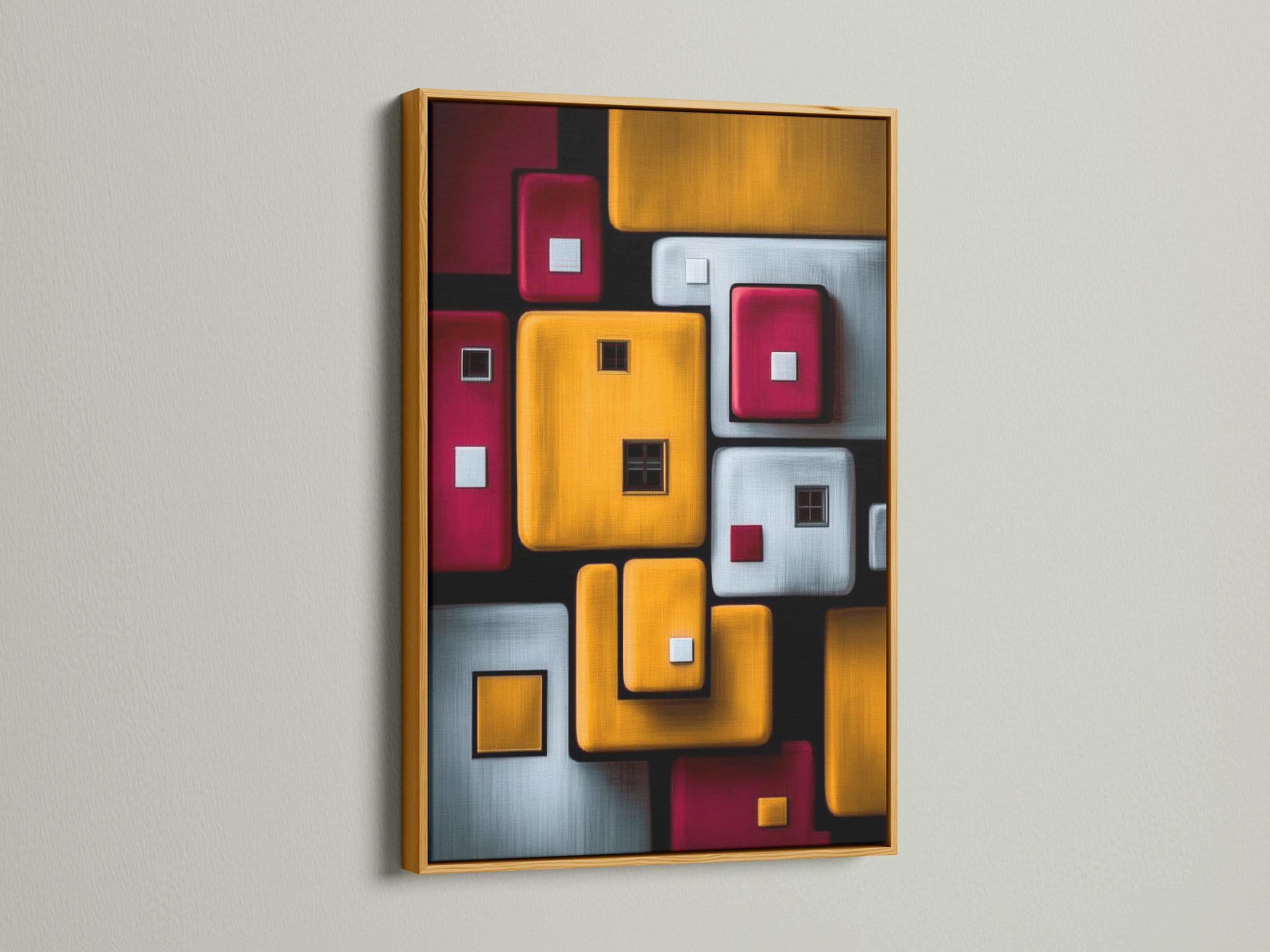The geometric abstract print is beautifully presented in a gold frame. This modern canvas art features a vibrant squares wall art. Transform your space with this contemporary artwork. It's perfect for adding a touch of luxury.
