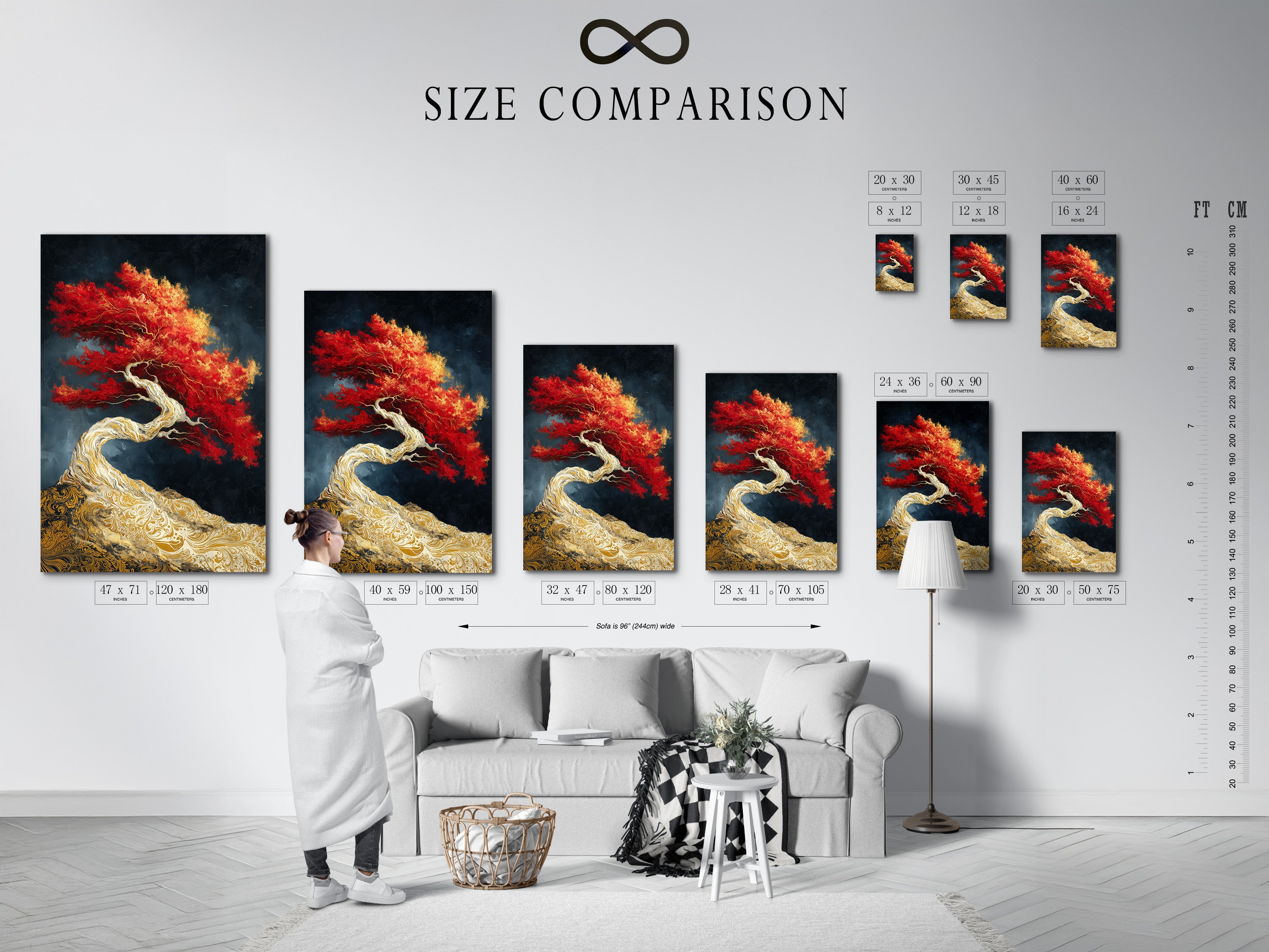 A size comparison chart displayed in a stylish interior. Visualize the perfect fit for your Japanese bonsai wall art. See how the red maple print enhances your living space. Perfect for planning your zen wall decor. Choose the ideal size for your canvas or poster art.