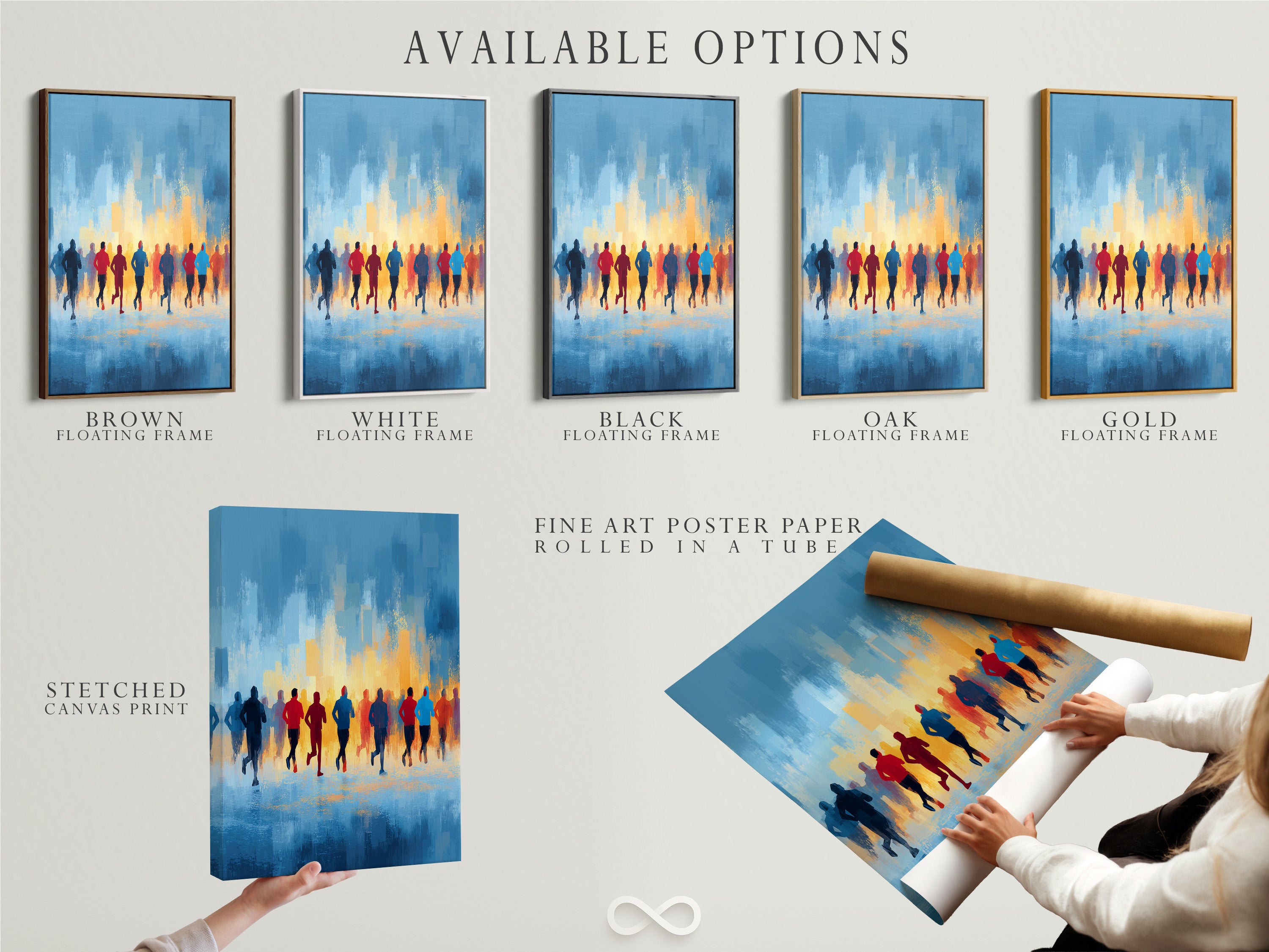 Explore available options for this abstract sports artwork featuring marathon runners. Choose from a stretched canvas print fine art poster paper or a floating frame. The blue and orange design is perfect for home gym decor. Customize your motivational wall art today.