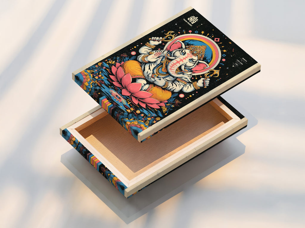 Close-up of a stretched Ganesha canvas print. The Hindu God wall art is stretched perfectly. See the vibrant colors and intricate details. This spiritual meditation poster enhances any space. Perfect for yoga studios and eclectic homes.