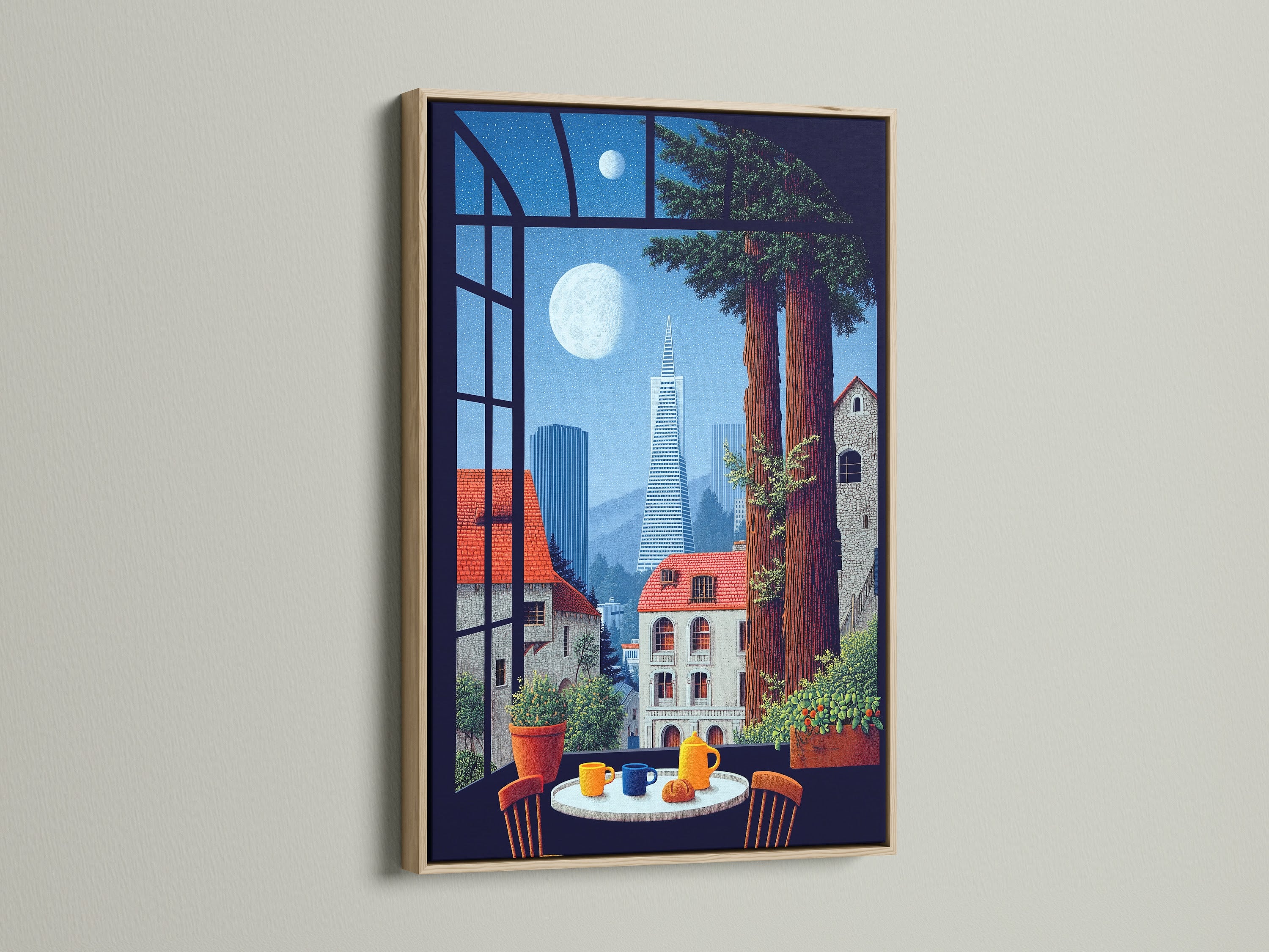 Framed cityscape artwork with an oak frame. The art shows a window view of San Francisco. This urban wall decor enhances any dining room. The city scene print brings California's charm to your home. It's modern canvas art.