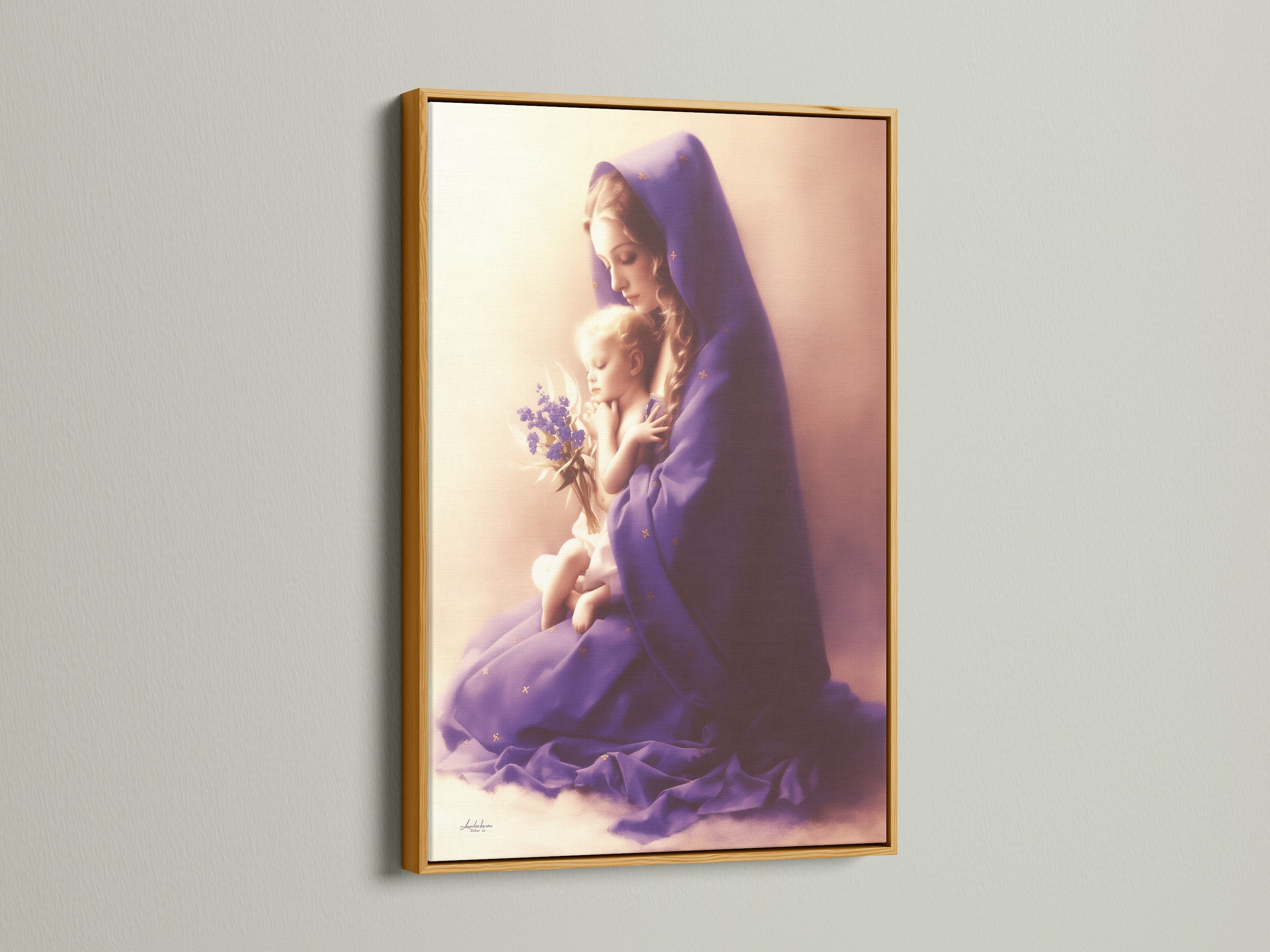 Elegant gold frame showcasing a Mother Child art print. This Victorian style religious artwork radiates faith. The Madonna baby print adds a spiritual touch to nursery wall decor. It is a cherished piece of maternal love art.