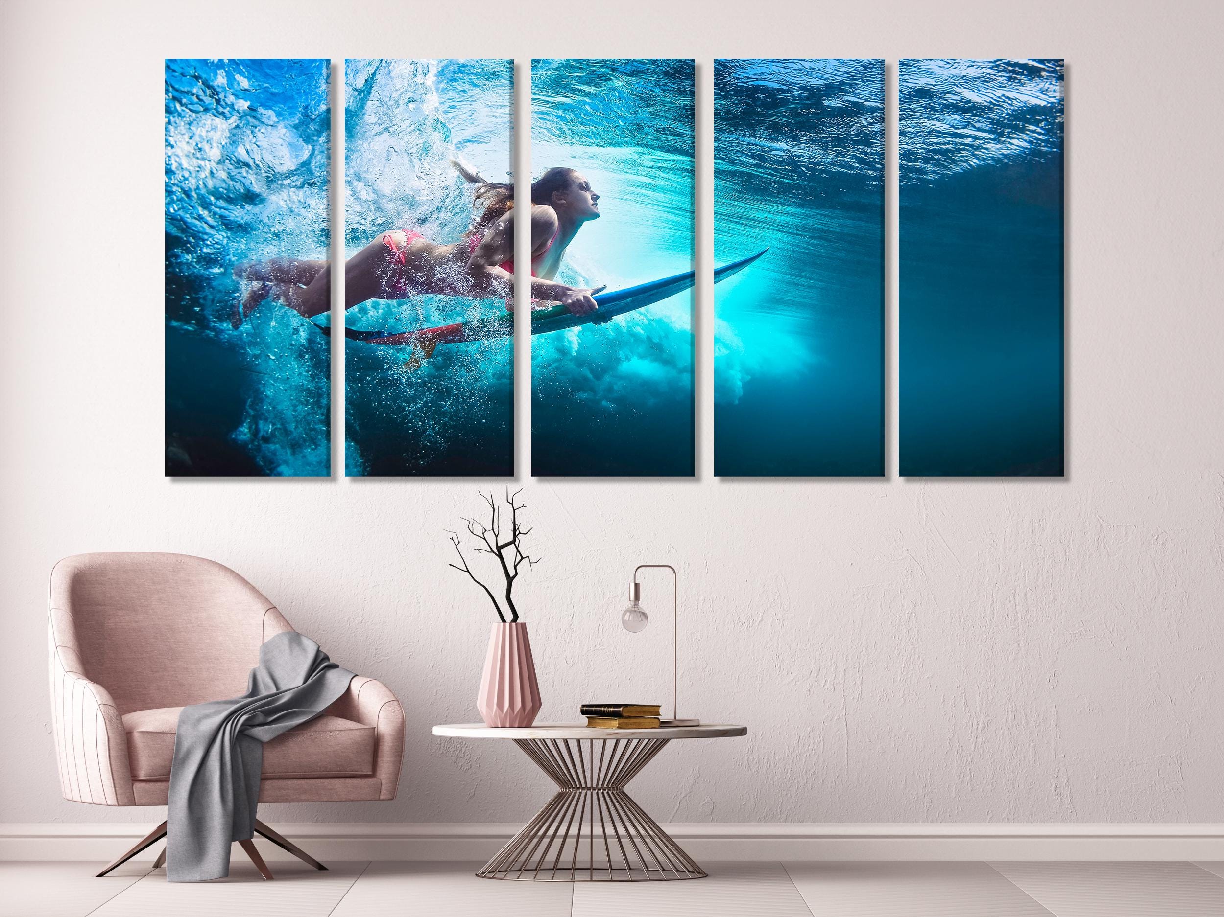 Surfer Underwater Canvas Print, Large Ocean Adventure Wall Art, Dynamic Surfing Artwork, Modern Water Sports Art Print, Energetic Wall Decor