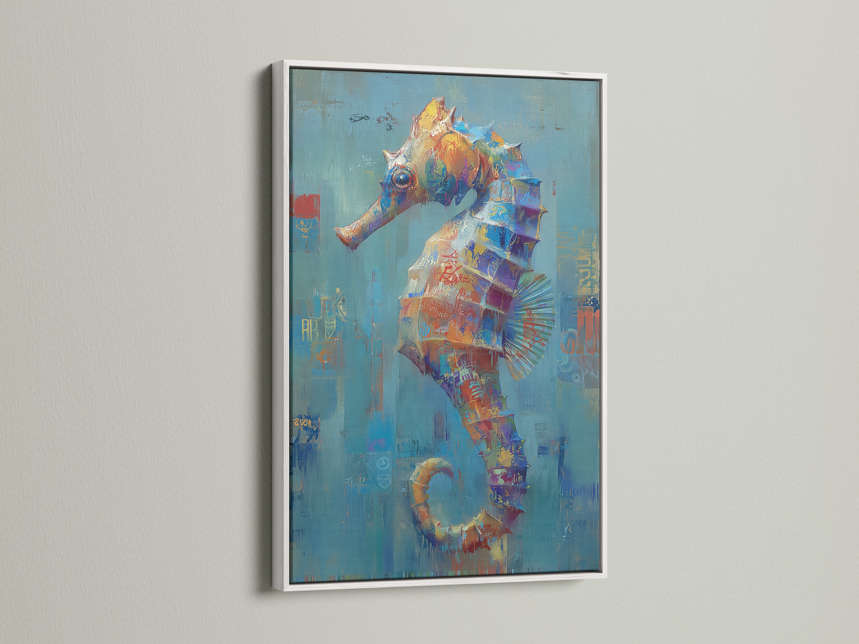 Seahorse abstract art print showcased in a white frame. This marine artwork enhances coastal wall decor. The colorful seahorse is a beautiful piece of sea art. Perfect for brightening up your bathroom wall.