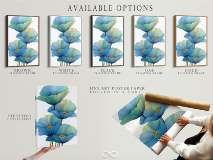 Explore the available options for your blue floral artwork. Choose from stretched canvas prints fine art poster paper or a floating frame. Customize your teal flower poster to match your modern home decor perfectly.