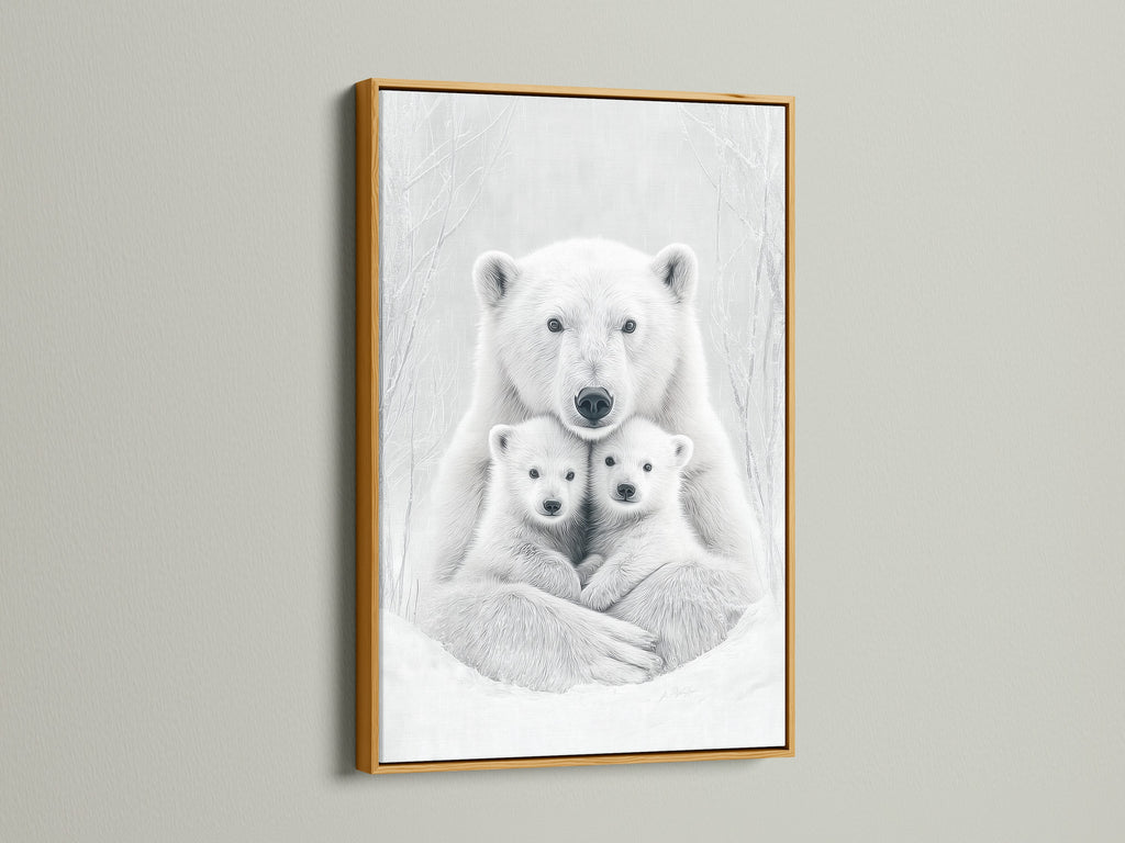 This gold frame accentuates the polar bear art. The monochrome animal canvas adds a touch of elegance. This bear family print makes a statement in any contemporary nursery or living space.