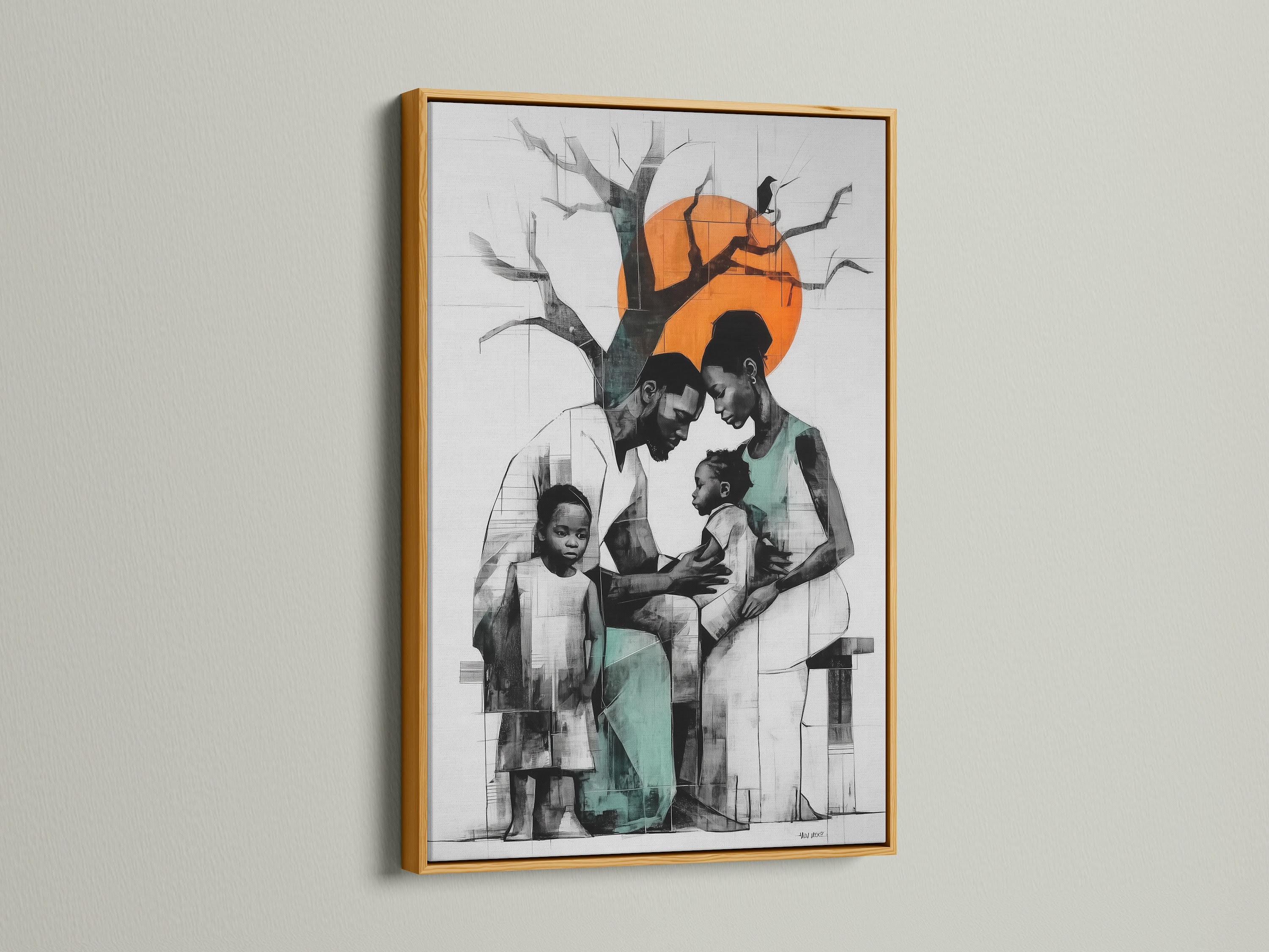 Elevate your home decor with this modern family art. The abstract artwork is displayed in a gold frame. The teal and orange tones add a touch of sophistication. Perfect for living rooms bedrooms and hallways. This art makes a statement.