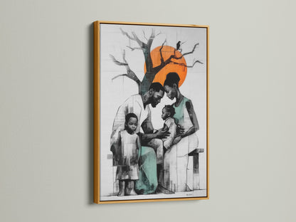 Elevate your home decor with this modern family art. The abstract artwork is displayed in a gold frame. The teal and orange tones add a touch of sophistication. Perfect for living rooms bedrooms and hallways. This art makes a statement.