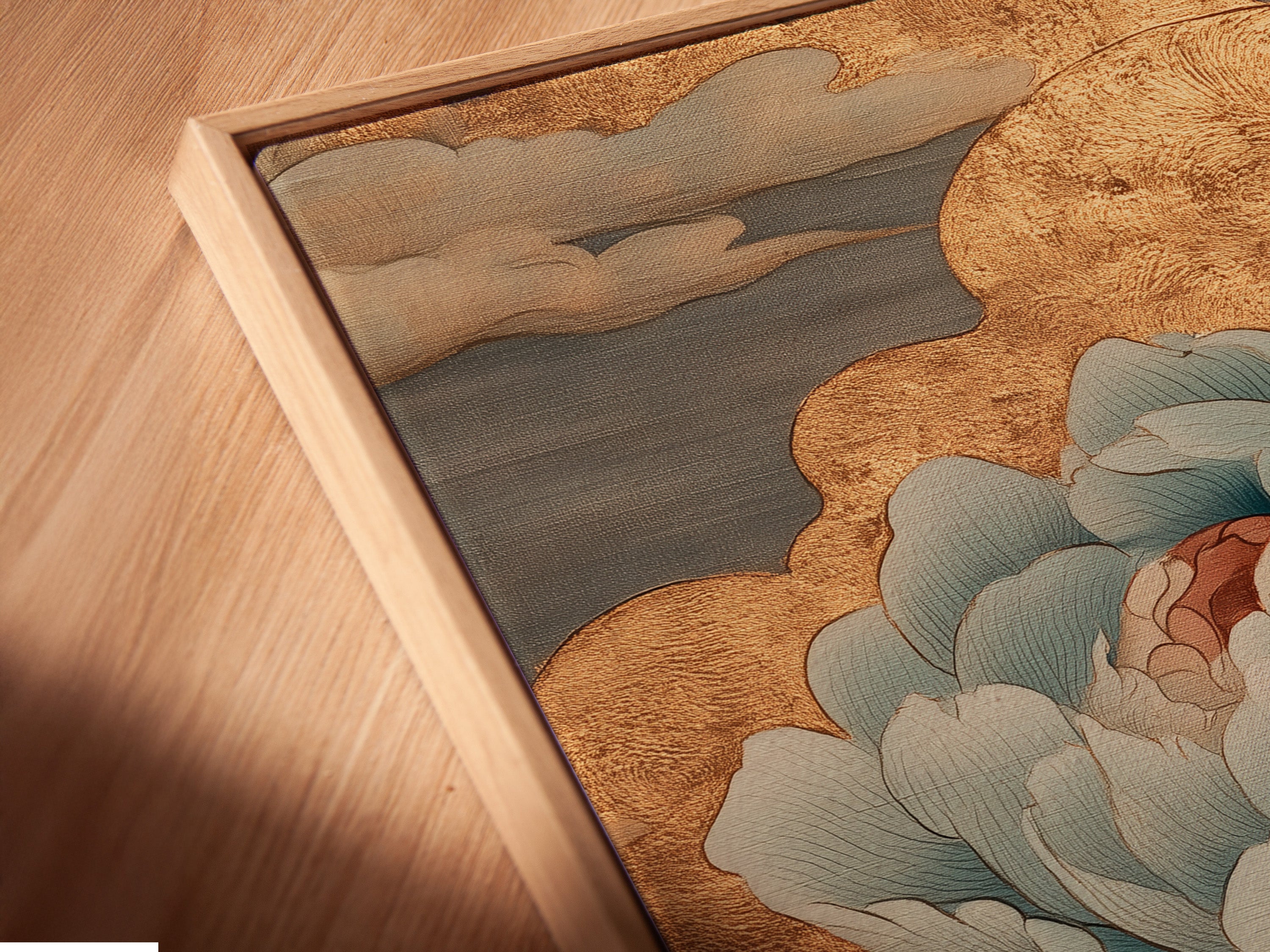 Angled close-up of a canvas print in a floating frame. The artwork appears to float within the frame. This frame provides a modern and sophisticated look. Perfect for displaying canvas art prints. The floating frame enhances any artwork.