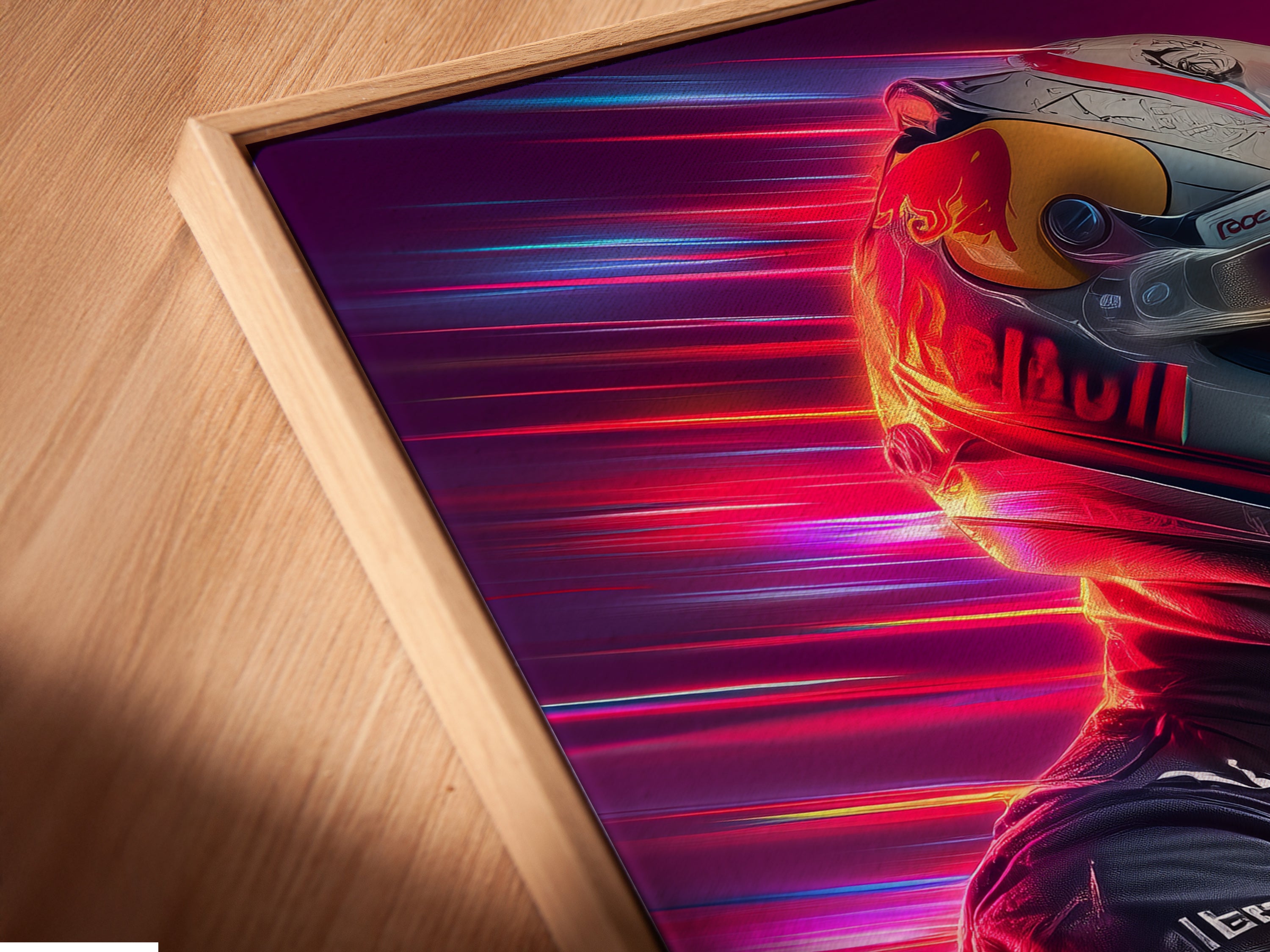 Close-up angled view of a Formula Racing canvas print. The artwork is set in a floating frame. This modern automotive wall art is perfect for man cave decor. The neon speed design adds a vibrant touch.