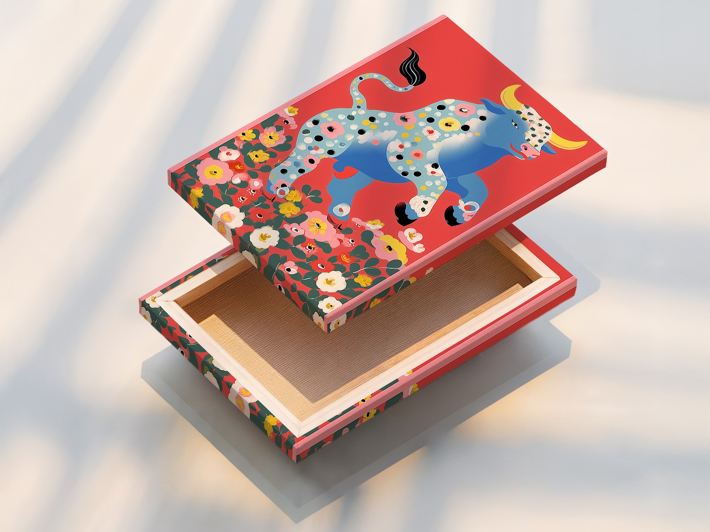 A stretched canvas print of the Floral Bull artwork. The stretched canvas enhances the artwork's texture and depth. The retro animal art adds a farmhouse touch to any space. The artwork's folk art charm is perfect for living rooms. Display this colorful artwork with pride.