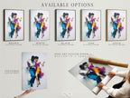Available options are displayed. There are stretched canvas prints. Fine art poster paper is another option. Floating frames are also available. The artwork showcases a dancing couple. Each option offers a unique aesthetic. The canvas gives texture. The poster paper is versatile. The floating frame adds elegance. Choose the perfect fit for your style.