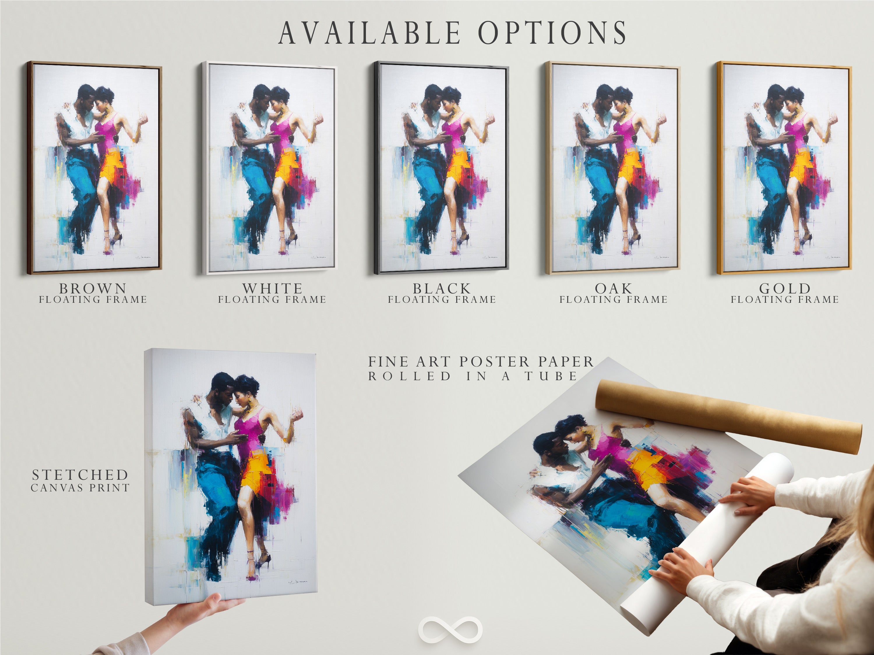 Available options are displayed. There are stretched canvas prints. Fine art poster paper is another option. Floating frames are also available. The artwork showcases a dancing couple. Each option offers a unique aesthetic. The canvas gives texture. The poster paper is versatile. The floating frame adds elegance. Choose the perfect fit for your style.