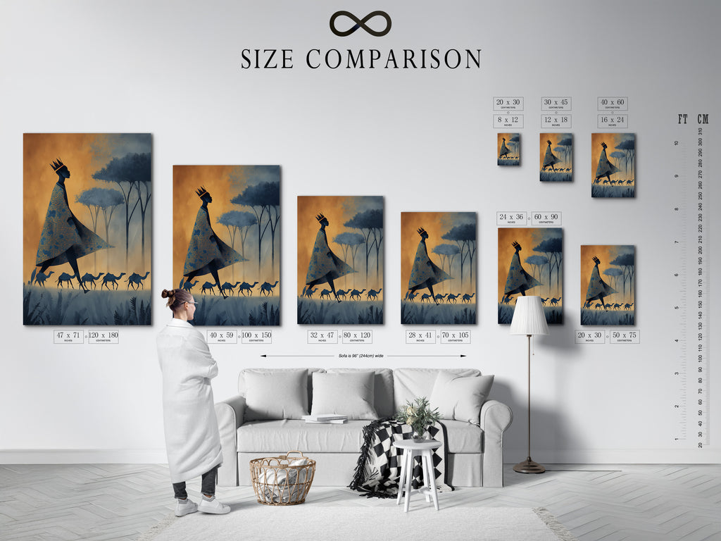 A size comparison chart displayed in an interior setting. Visualize how different sizes of art will look in your space. The chart helps you choose the perfect size. It ensures a harmonious fit. Make informed decisions and enhance your space
