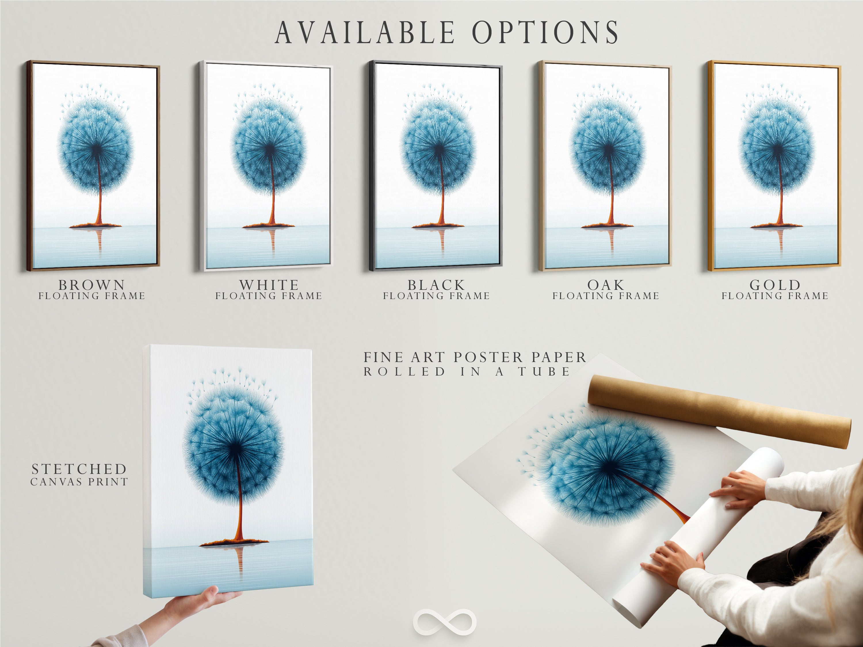 Available options for dandelion teal blue botanical artwork. Choose from stretched canvas print fine art poster paper or a floating frame. Find the perfect style for your minimalist floral artwork. Ideal for bedroom decor.
