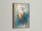 Majestic eagle artwork with a gold frame. This bird canvas print is perfect for patriotic decor. The wildlife art complements office wall art beautifully. Explore our raptor and American eagle art options. This nature wall art captures the essence of a majestic eagle. Shop now for wildlife canvas and eagle prints. Elevate your space with this powerful artwork.