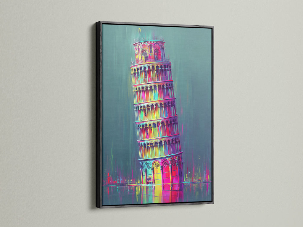 A black frame adds a touch of modern sophistication. See it paired with the Leaning Tower of Pisa artwork. This bold frame makes the colorful Italian artwork pop. Transform your living room wall art today