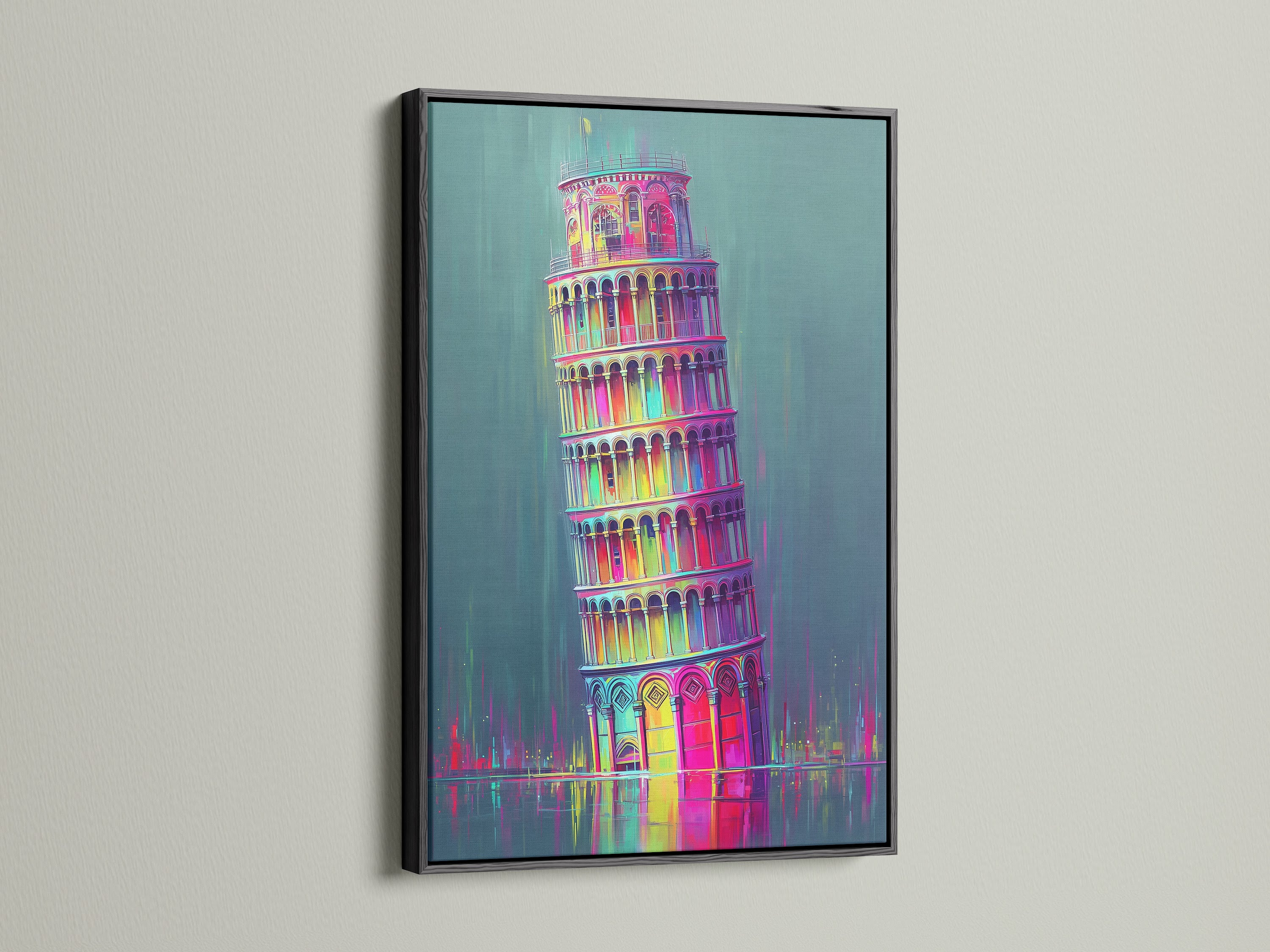 A black frame adds a touch of modern sophistication. See it paired with the Leaning Tower of Pisa artwork. This bold frame makes the colorful Italian artwork pop. Transform your living room wall art today