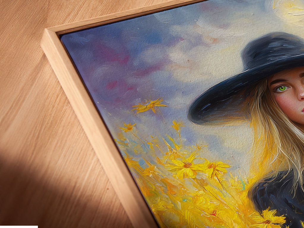 A close-up angled view reveals a canvas print in a floating frame. The artwork is a woman with a cat in a field of flowers. The floating frame gives the illusion that the canvas is hovering. It enhances the artwork's modern appeal.