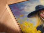 A close-up angled view reveals a canvas print in a floating frame. The artwork is a woman with a cat in a field of flowers. The floating frame gives the illusion that the canvas is hovering. It enhances the artwork's modern appeal.