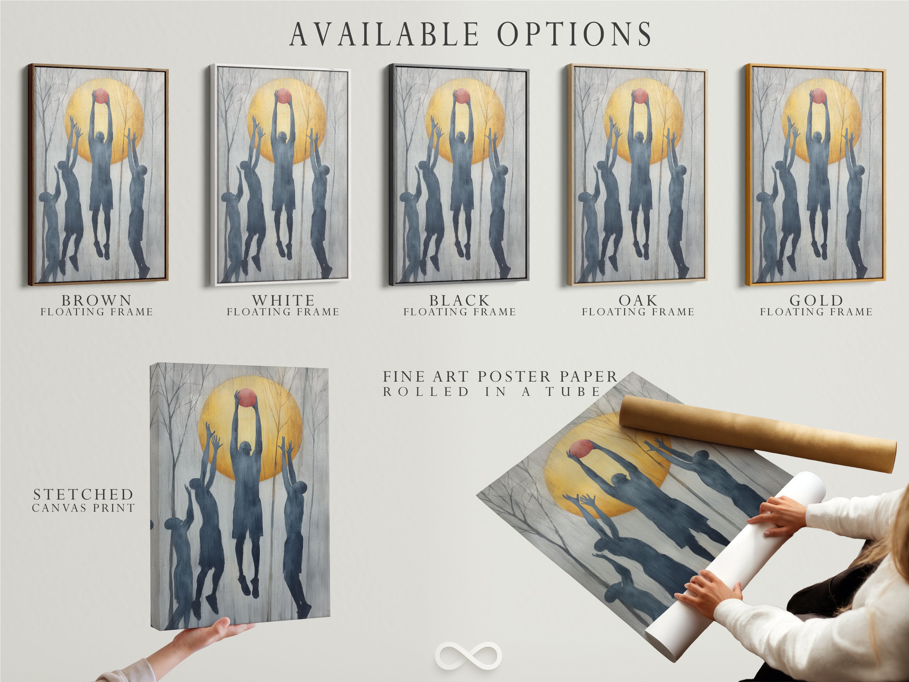 Explore available options for our basketball silhouette art. Choose from stretched canvas prints fine art poster paper or floating frames. This sports wall art is perfect for any space. Add team spirit to a boy's room or game room. Elevate your decor with athletic artwork today.