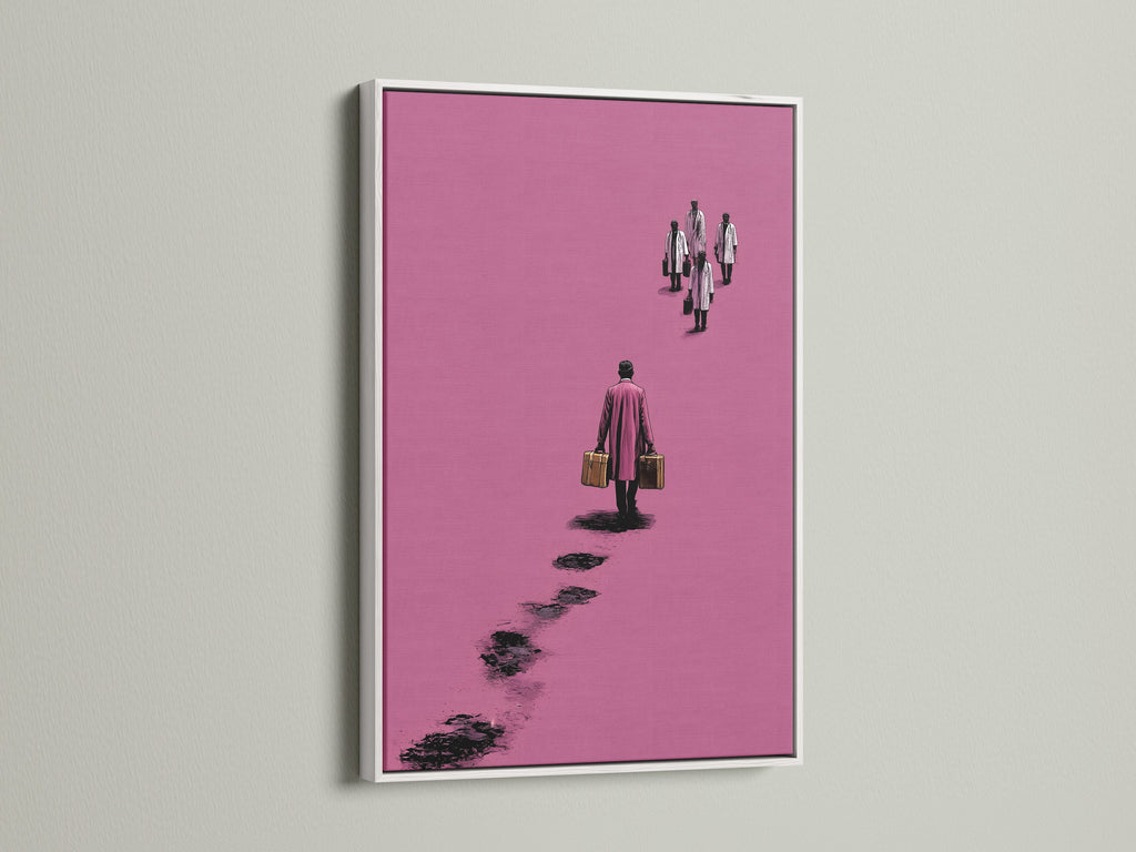 Surreal pink artwork in a white frame. The art features a figure walking away with suitcases. This minimalist canvas print adds a contemporary touch to any office decor. It's a modern abstract poster. The artwork enhances eclectic styles.