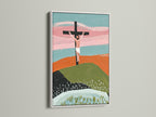 Abstract art print of Jesus Christ on the cross in a white frame. The white frame offers a clean and modern look. It allows the artwork to stand out. The white frame provides a versatile option for any room setting.