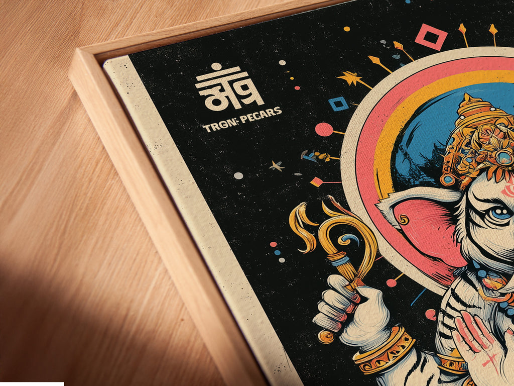 Angled close up of a Ganesha canvas print in a floating frame. This Hindu God wall art brings spiritual decor. The bohemian artwork is perfect for meditation and yoga. The elephant deity artwork adds a unique touch to any room.