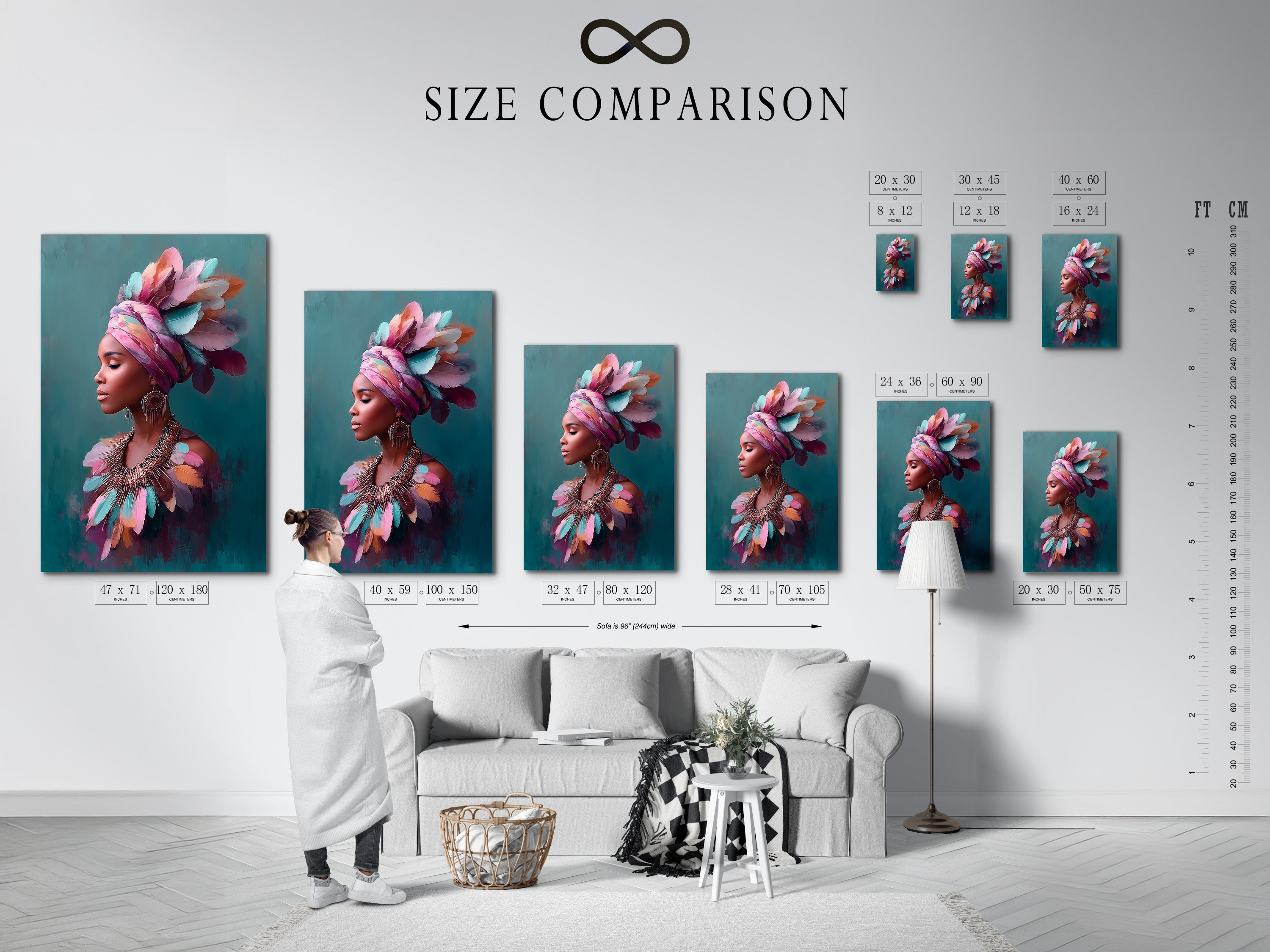 The image shows a size comparison chart in an interior setting. Visualize how the African Woman Canvas Art fits in your space. Choose the perfect size for your wall decor. Find ideal art for your living room or bedroom.