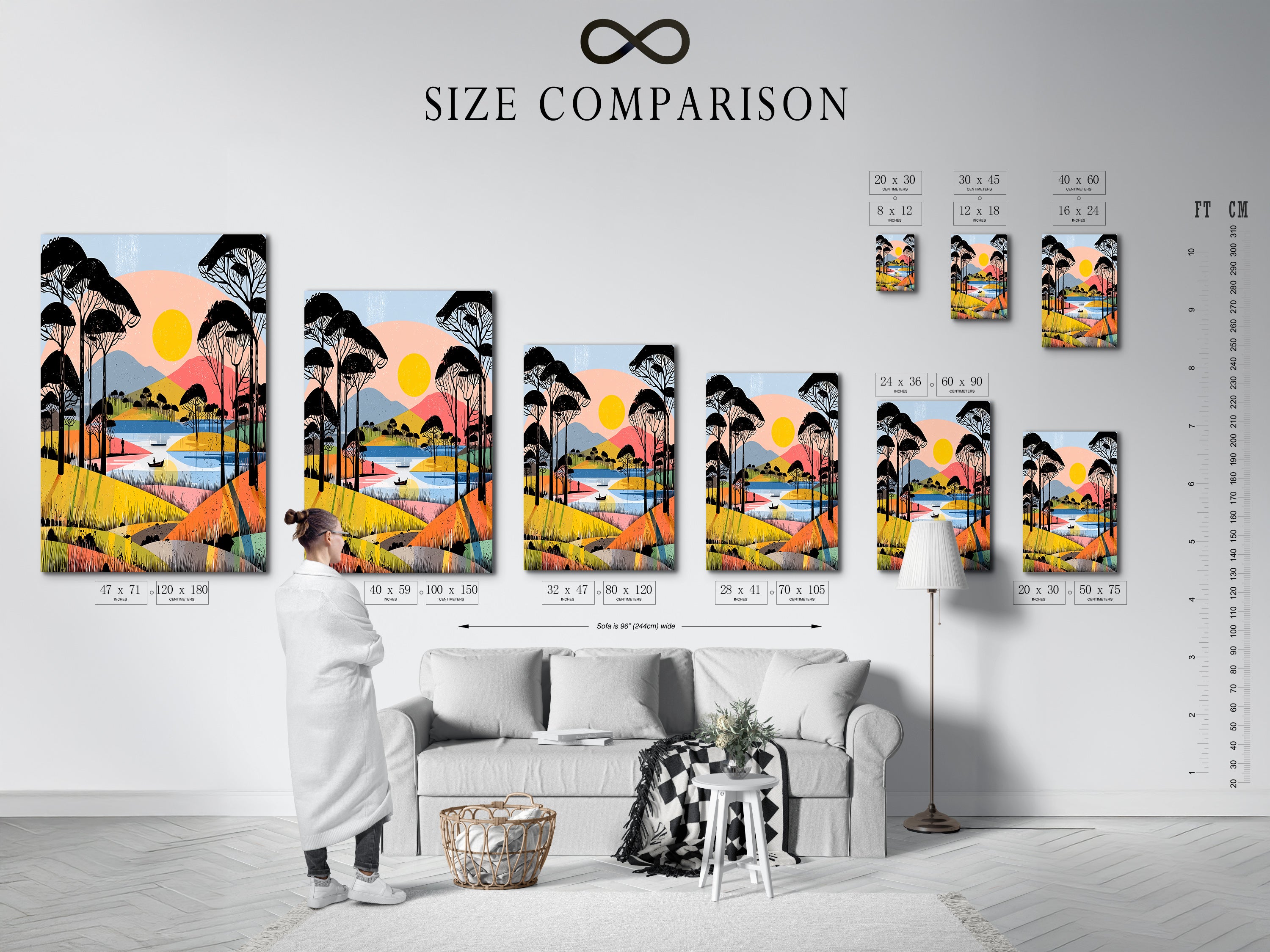 A size comparison chart shows the various dimensions of the artwork in an interior setting. The chart helps visualize how different sizes fit in a room. Perfect for choosing the right scale for landscape prints. It ensures the artwork complements the space.